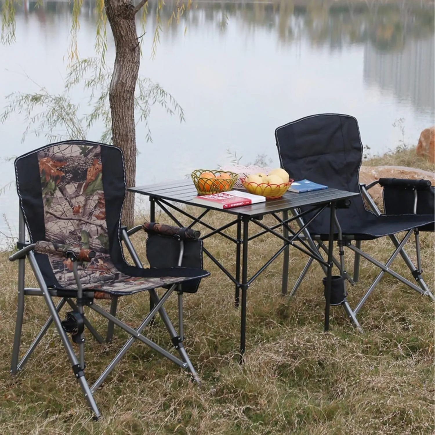 Folding Camping Chair, Portable High Back Padded Garden Chair with Armrests, Outdoor Chairs with Arm Rest Cup Holder and Portable Carrying Bag for Fishing Garden Picnic Camouflage