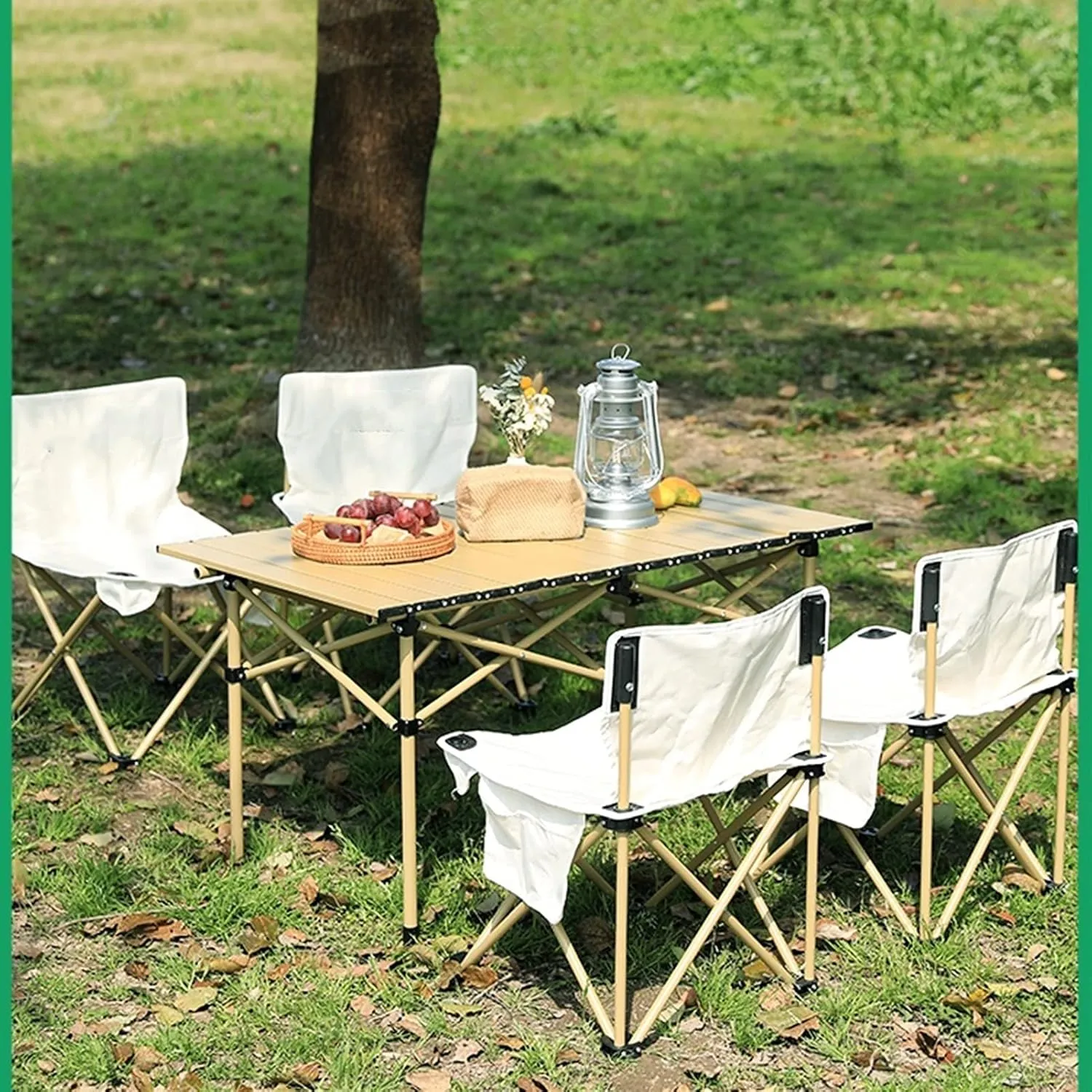 Folding Camping Table Outdoor and Chair Set, The Aluminum Alloy Camping Picnic Table Bears 100kg, Roll-up Table Top for Easy Storage