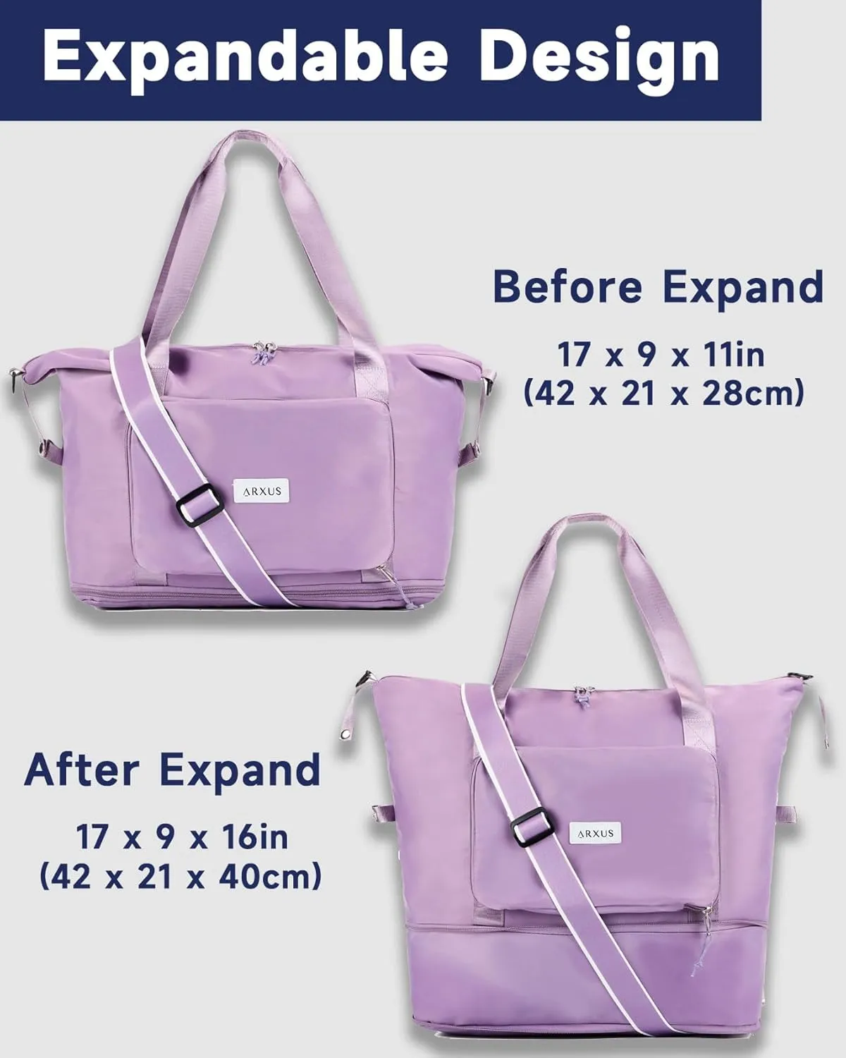 Folding Travel Bag Carry on Bags for Airplanes with Detachable Adjustable Shoulder Strap Light Weight Travel Duffle Bag for Women with Suitcase Sleeve 17x11x9 inch