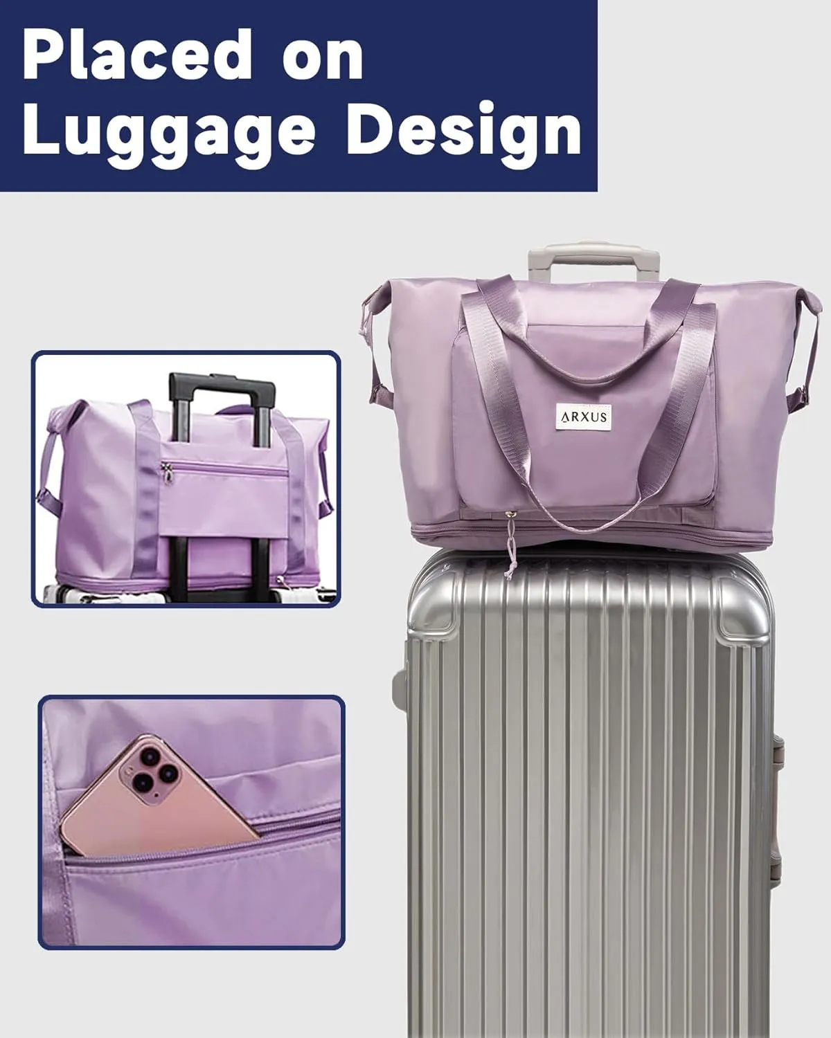 Folding Travel Bag Carry on Bags for Airplanes with Detachable Adjustable Shoulder Strap Light Weight Travel Duffle Bag for Women with Suitcase Sleeve 17x11x9 inch