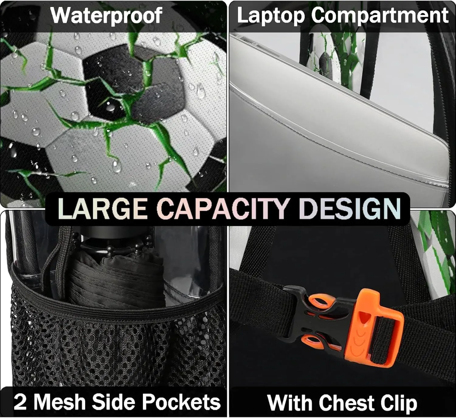 Football Balls Clear Backpack PVC Waterproof Transparent Backpack Heavy Duty See Through Backpacks with Reinforced Strap for Travel Outdoor Concert Work