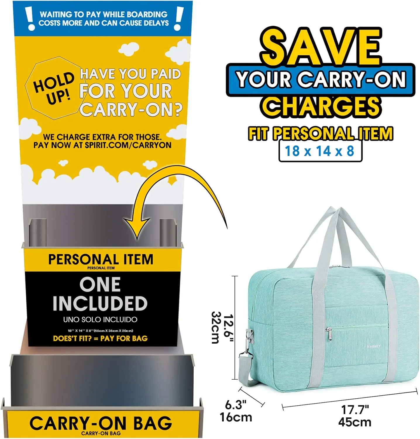 For Spirit Airlines Personal Item Bag 18x14x8 Foldable Travel Duffel Bag Tote Carry on Luggage Duffle Overnight for Women and Men