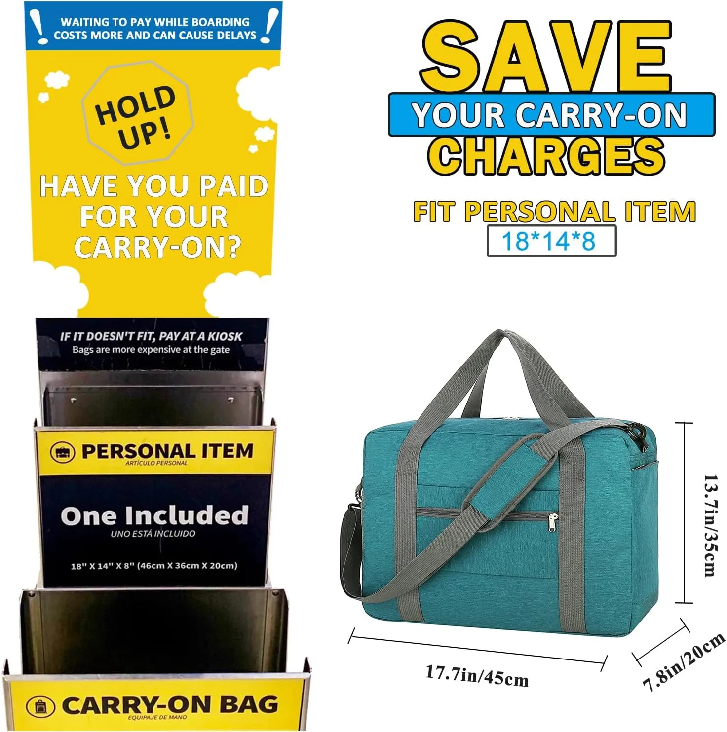 For Spirit Airlines Personal Item Bag 18x14x8 with Wet Pocket Foldable Travel Duffel Bag Underseat Carry on for Men & Women