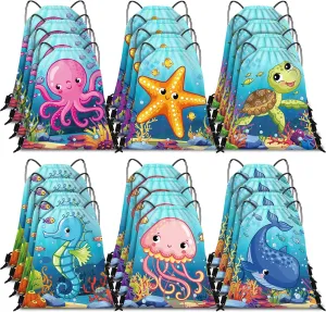Frienda 24 Pcs Under the Sea Party Favors Drawstring Bags Backpack with Ocean Creatures for Kids Ocean Birthday Party Supplies Baby Shower Sea Theme Gifts, 12 x 10 Inch