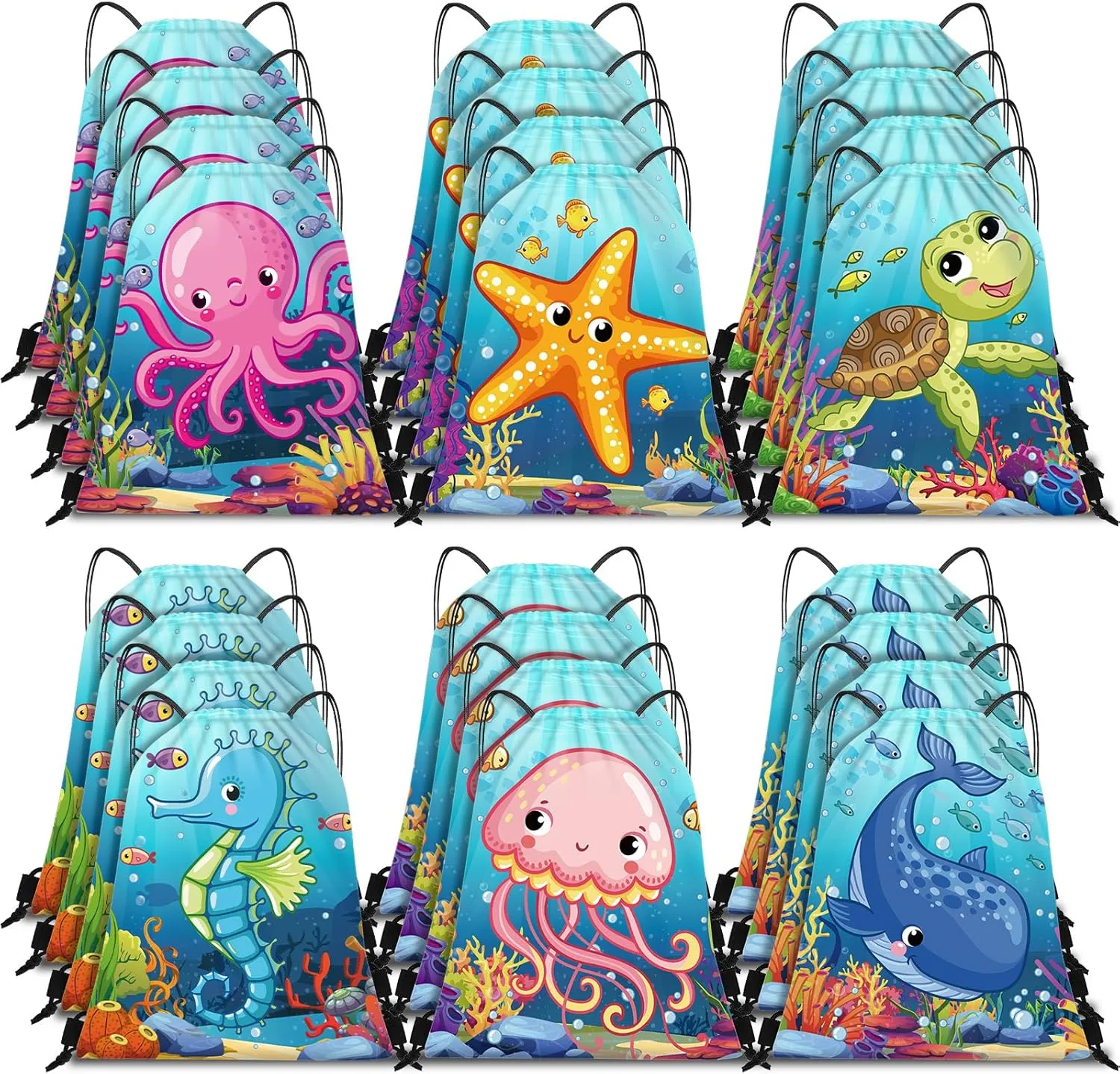 Frienda 24 Pcs Under the Sea Party Favors Drawstring Bags Backpack with Ocean Creatures for Kids Ocean Birthday Party Supplies Baby Shower Sea Theme Gifts, 12 x 10 Inch