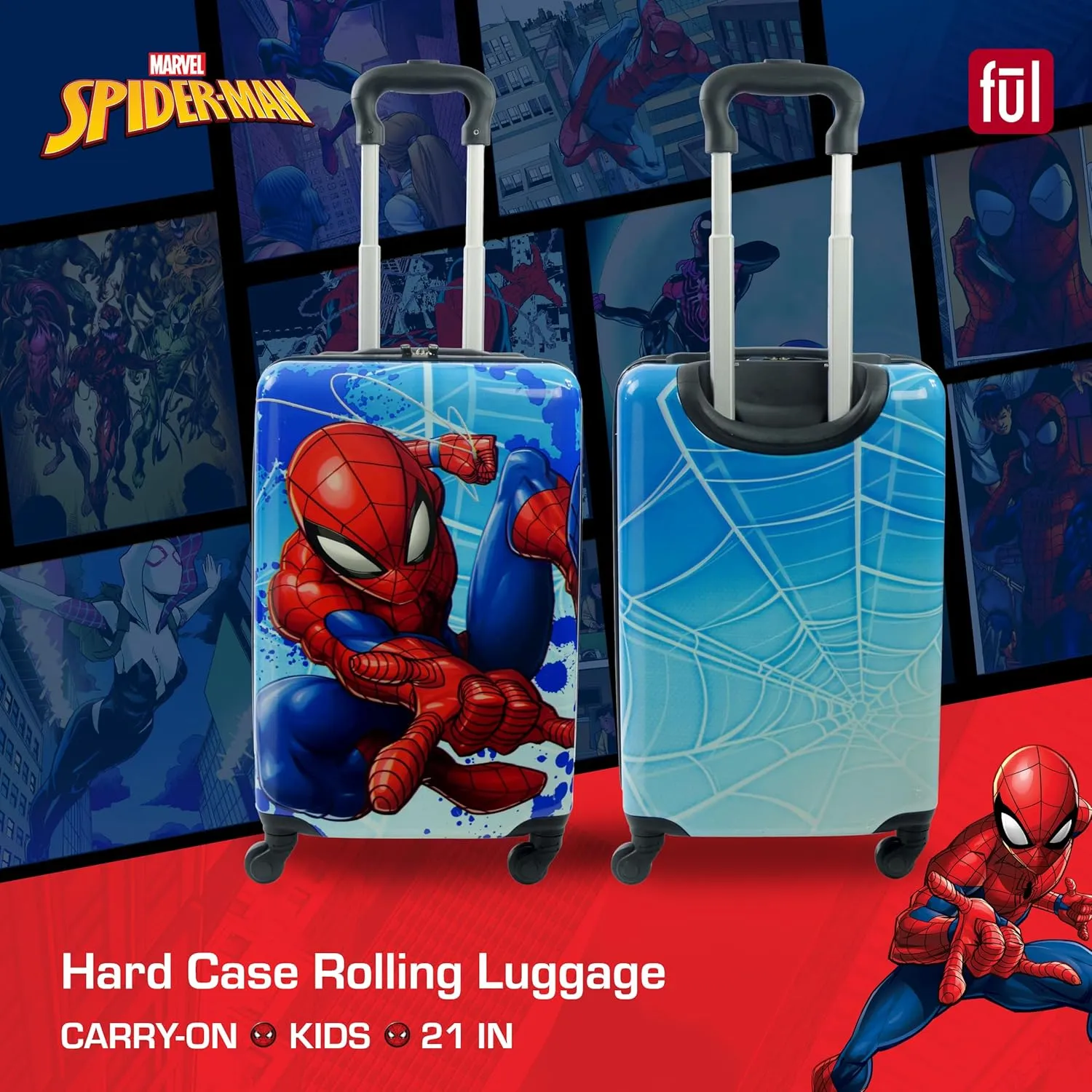FUL Marvel Spider-Man Kids Carry On Luggage, Hardshell Rolling Suitcase with Spinner Wheels, Multi, 21 Inch