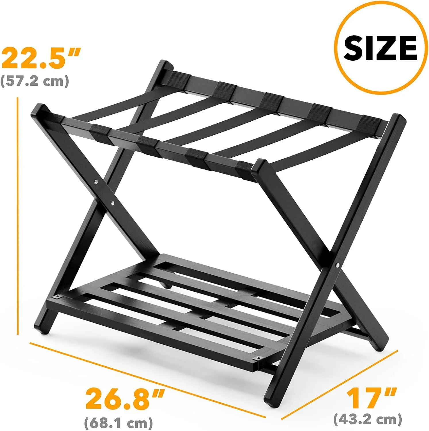 Fully Assembled Bamboo Foldable Luggage Rack with Storage Shelf, Black