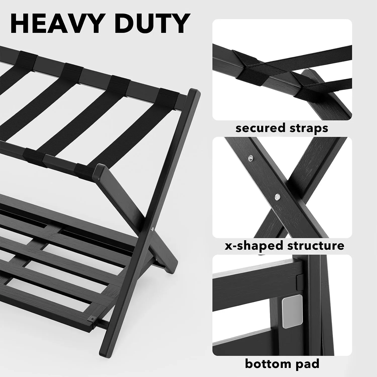 Fully Assembled Bamboo Foldable Luggage Rack with Storage Shelf, Black