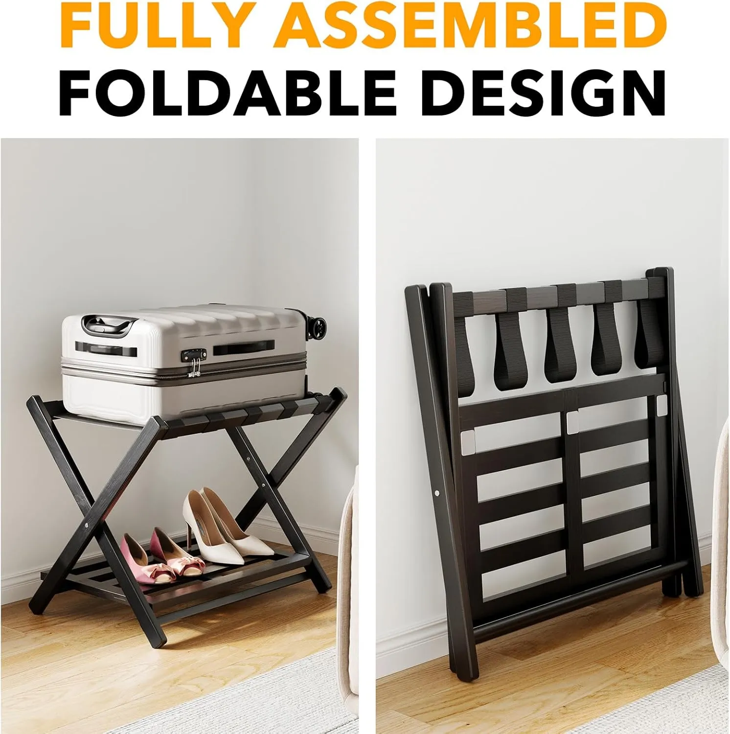 Fully Assembled Bamboo Foldable Luggage Rack with Storage Shelf, Black