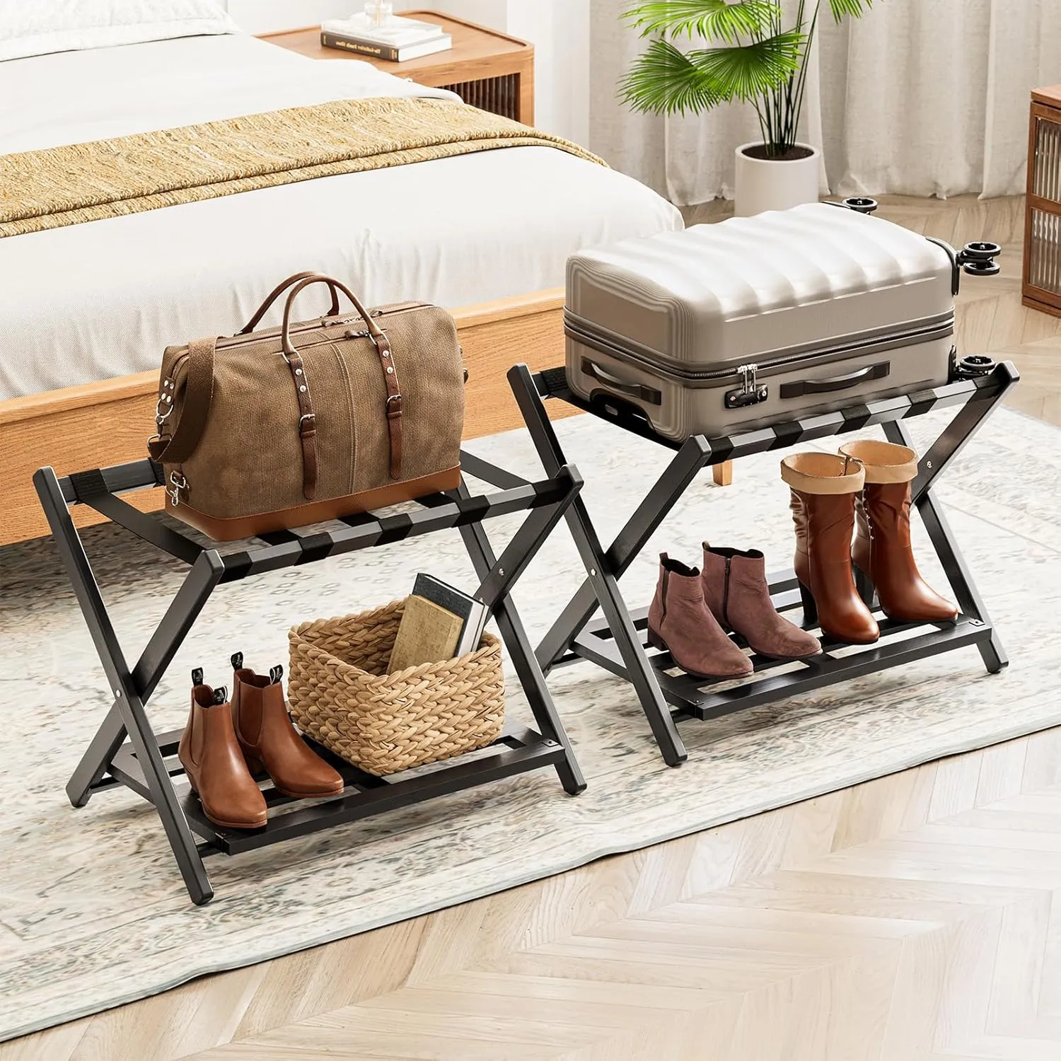 Fully Assembled Bamboo Foldable Luggage Rack with Storage Shelf, Black