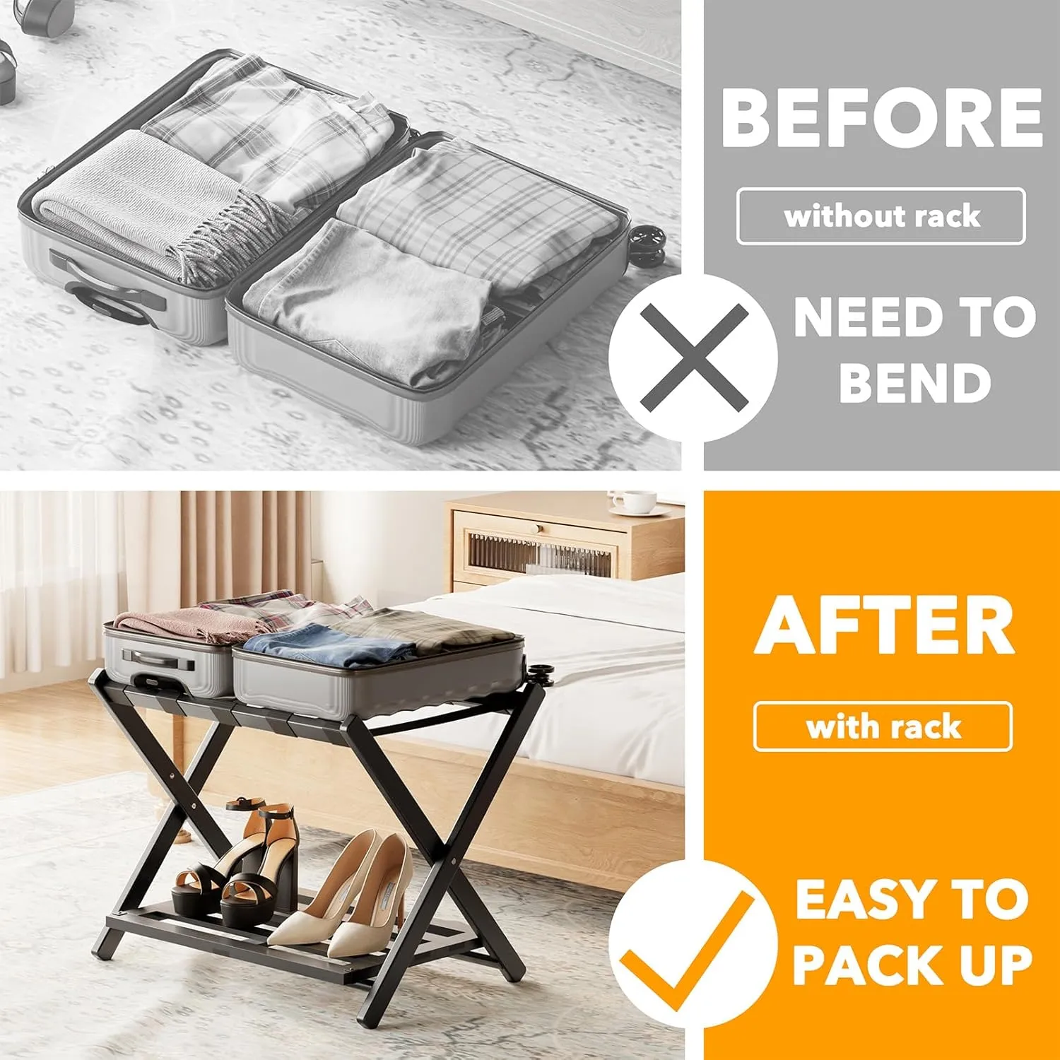 Fully Assembled Bamboo Foldable Luggage Rack with Storage Shelf, Black