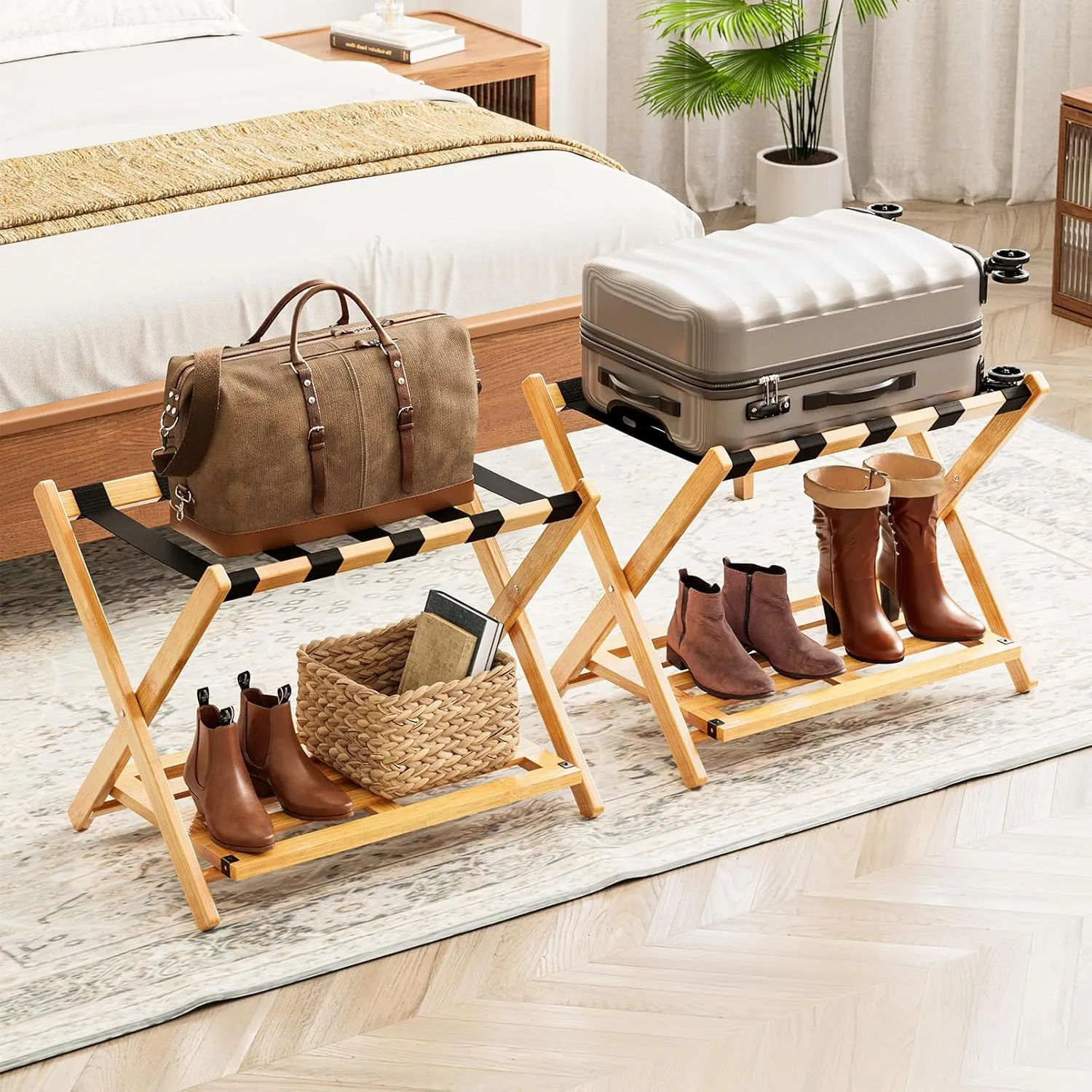 Fully Assembled Bamboo Foldable Luggage Rack with Storage Shelf, Natural