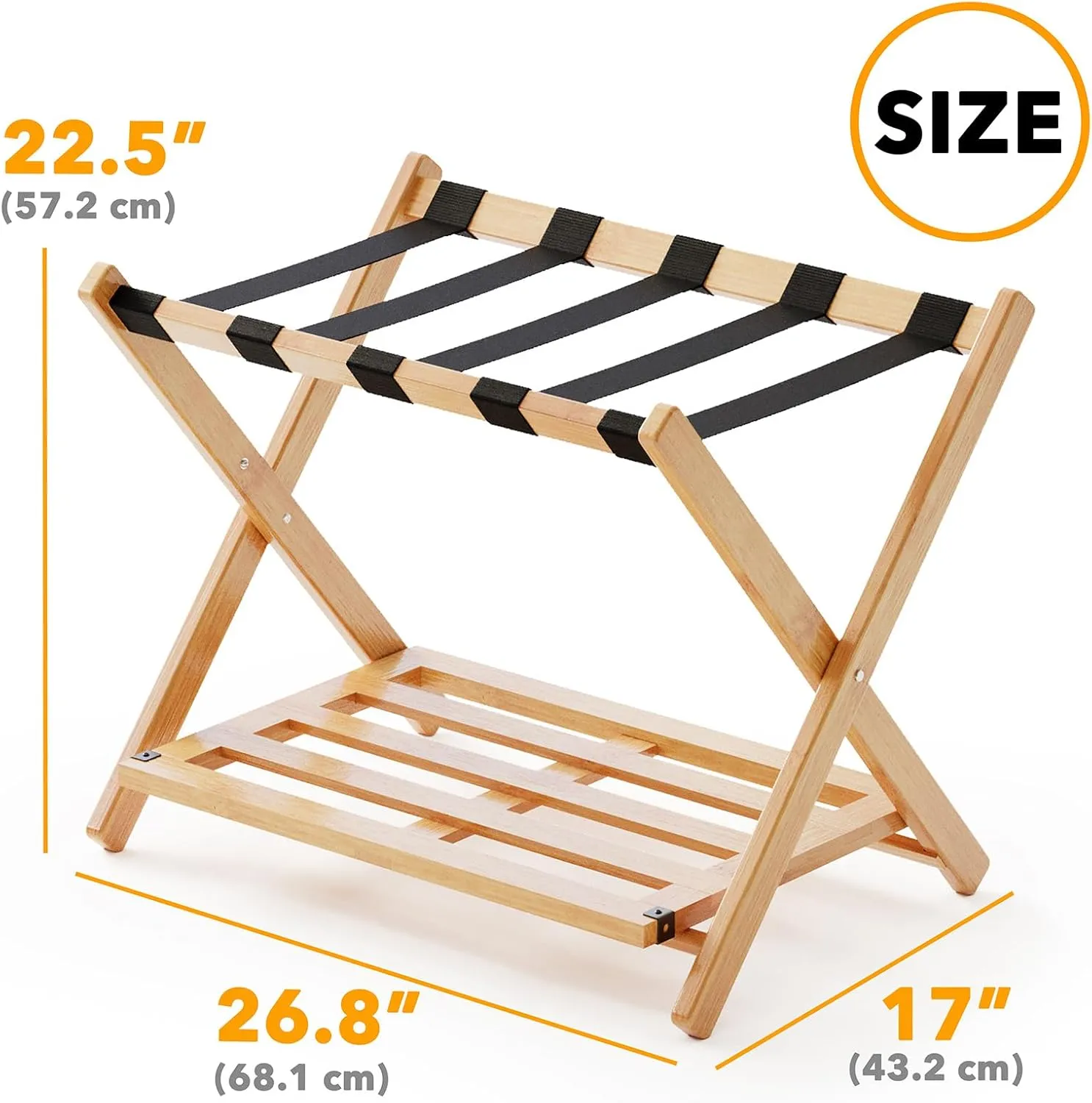 Fully Assembled Bamboo Foldable Luggage Rack with Storage Shelf, Natural