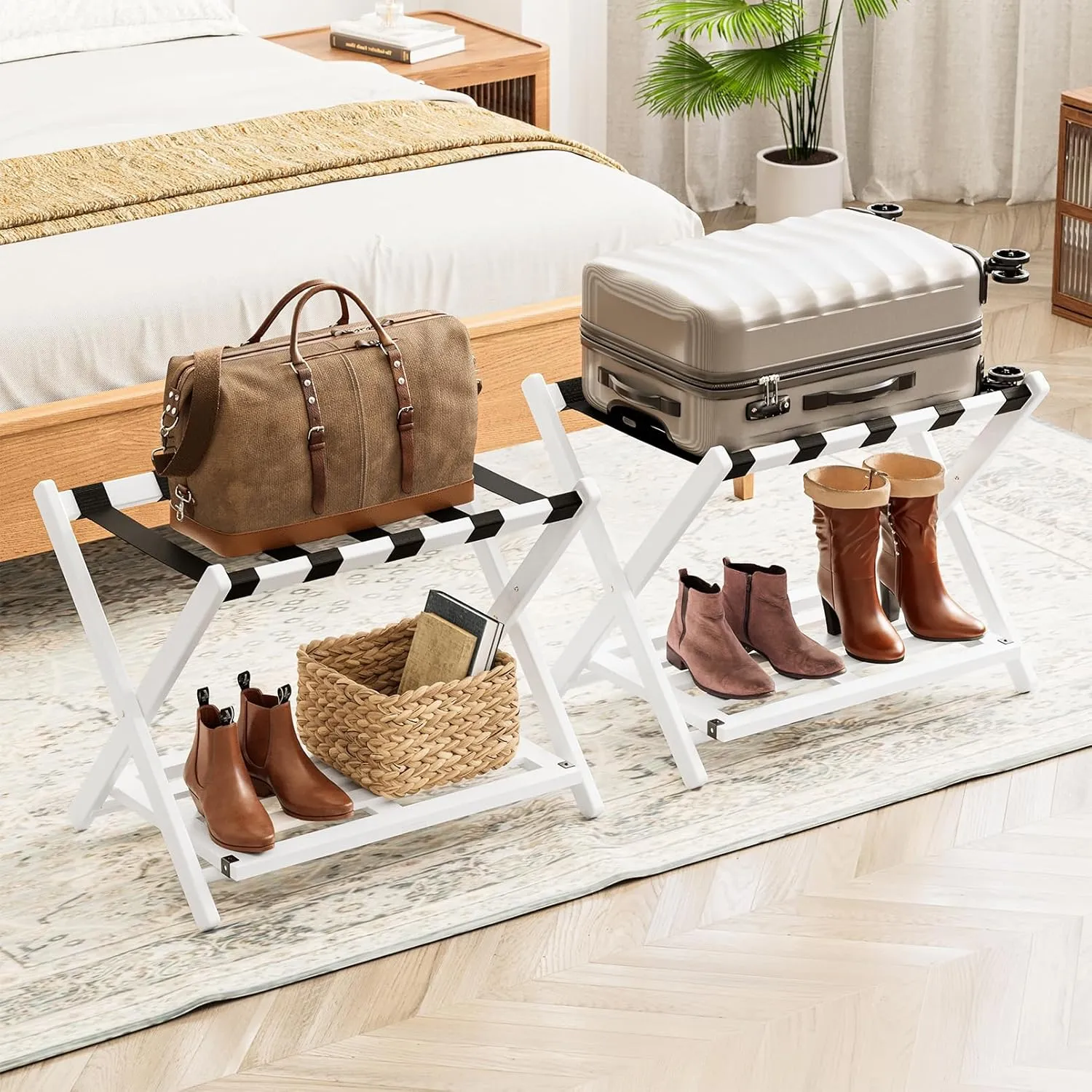 Fully Assembled Bamboo Foldable Luggage Rack with Storage Shelf, White