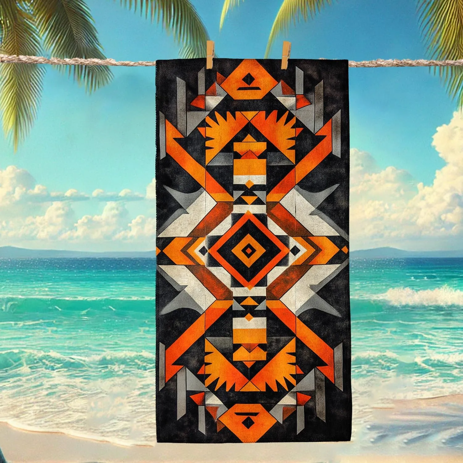 Geometric Tribal Microfiber Beach Towel Orange Black Pattern Quick Dry Soft Sand Free Lightweight Beach Blanket, Vacation Picnic Essentials 62x31 Inch