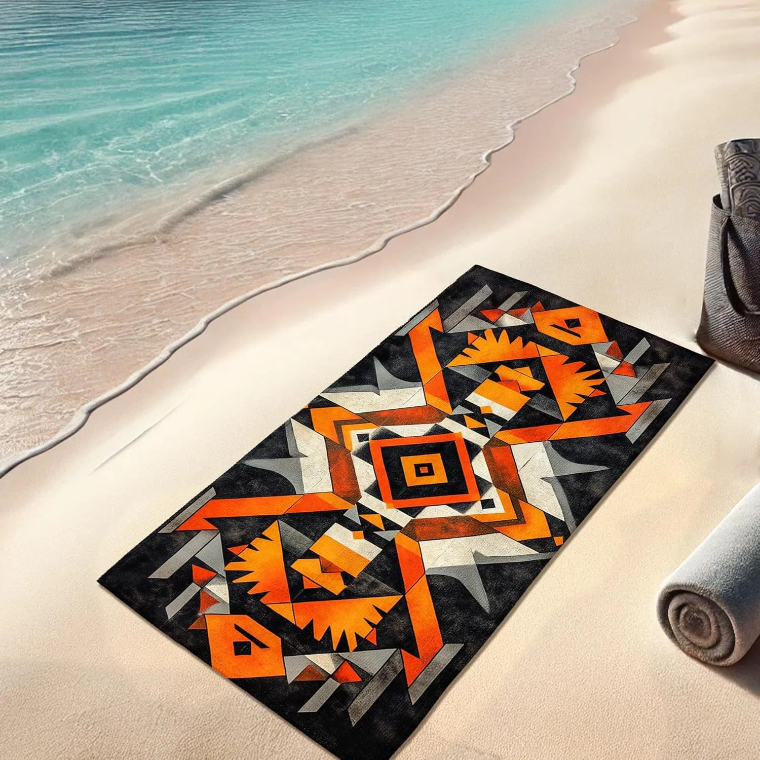 Geometric Tribal Microfiber Beach Towel Orange Black Pattern Quick Dry Soft Sand Free Lightweight Beach Blanket, Vacation Picnic Essentials 62x31 Inch