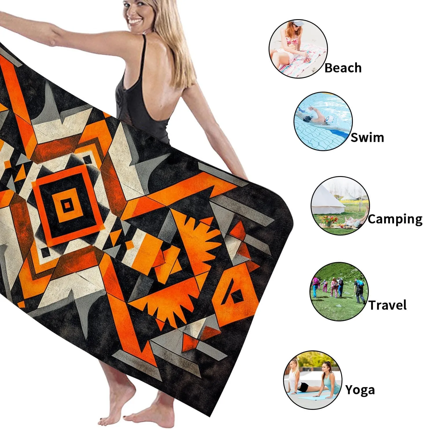 Geometric Tribal Microfiber Beach Towel Orange Black Pattern Quick Dry Soft Sand Free Lightweight Beach Blanket, Vacation Picnic Essentials 62x31 Inch