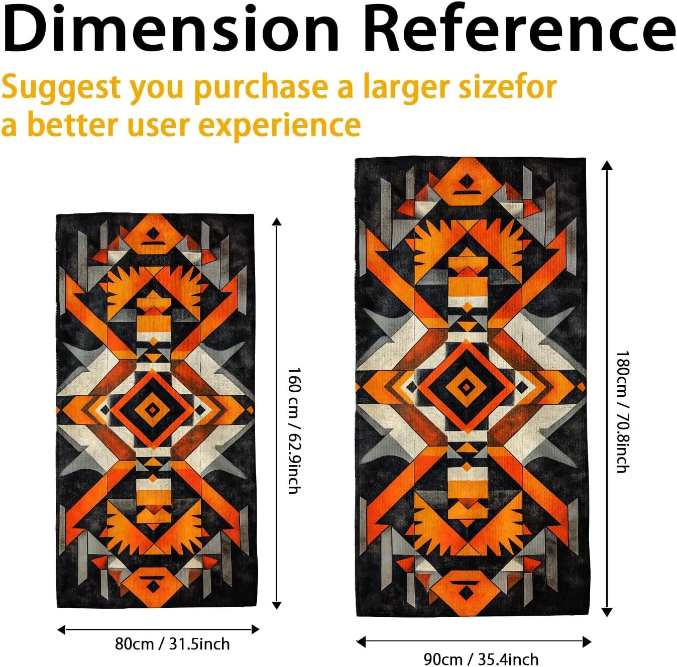 Geometric Tribal Microfiber Beach Towel Orange Black Pattern Quick Dry Soft Sand Free Lightweight Beach Blanket, Vacation Picnic Essentials 62x31 Inch