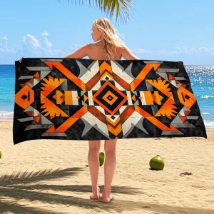 Geometric Tribal Microfiber Beach Towel Orange Black Pattern Quick Dry Soft Sand Free Lightweight Beach Blanket, Vacation Picnic Essentials 62x31 Inch