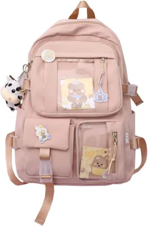 GGOOB Kawaii Backpack with Pins Kawaii School Backpack Cute Aesthetic Backpack Cute Kawaii Backpack for School (Pink,With Accessories)