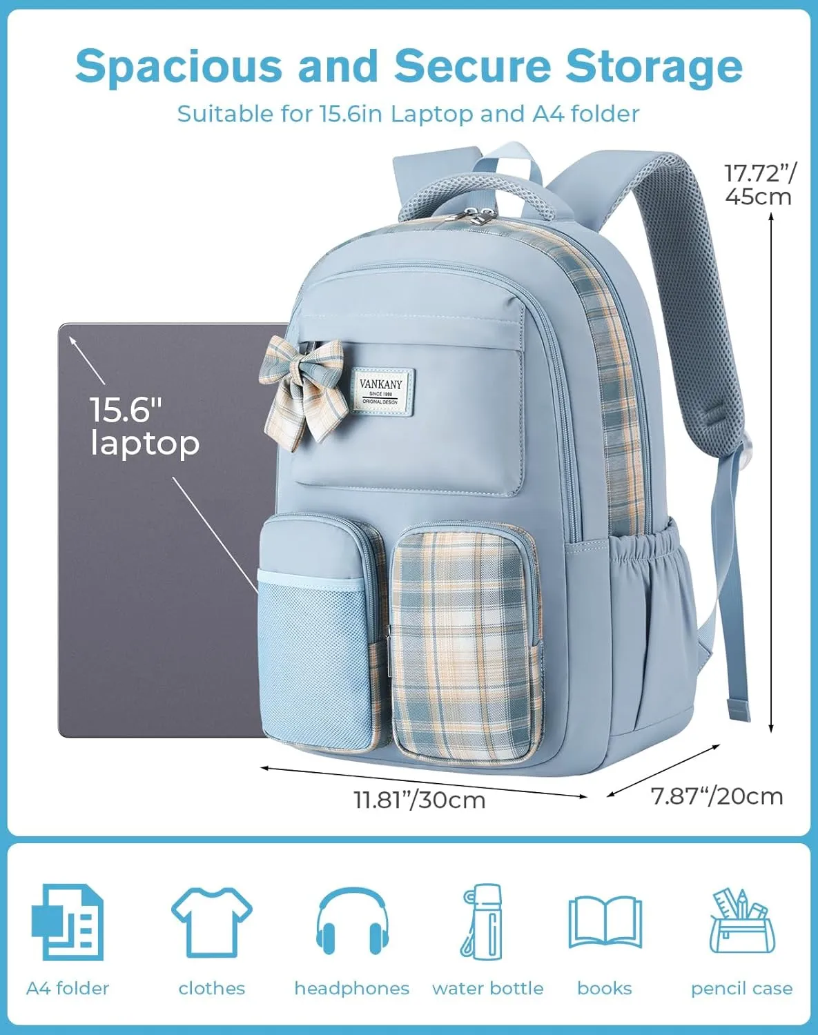 Girls Backpack, Women Laptop Backpacks 15.6in for College Students Elementary Middle High School Bag Teens Cute Kids Bookbags Back Pack, Blue