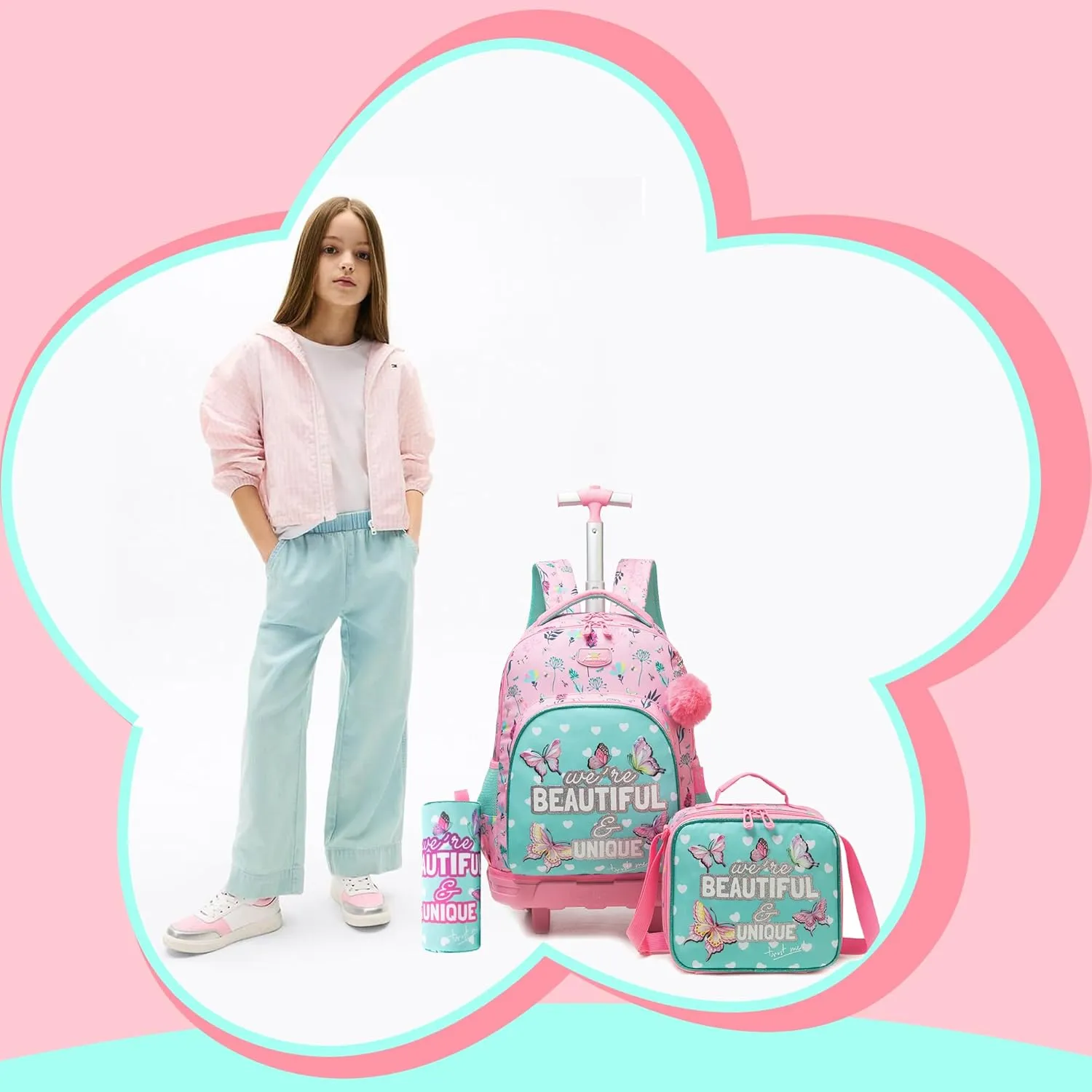 Girls Rolling Backpack for Kids Ages 8-12 Butterfly Wheeled Backpack for Kids Backpacks for Girls with Lunch Bag Back to School Supplies Kit