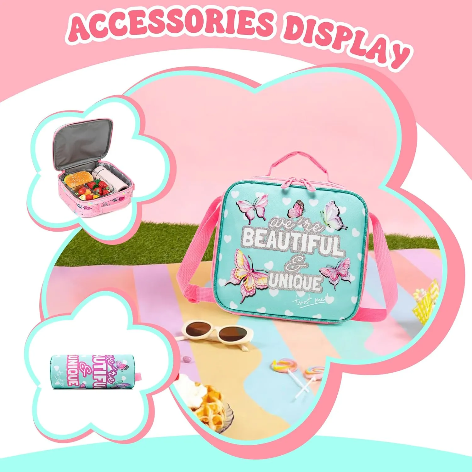 Girls Rolling Backpack for Kids Ages 8-12 Butterfly Wheeled Backpack for Kids Backpacks for Girls with Lunch Bag Back to School Supplies Kit