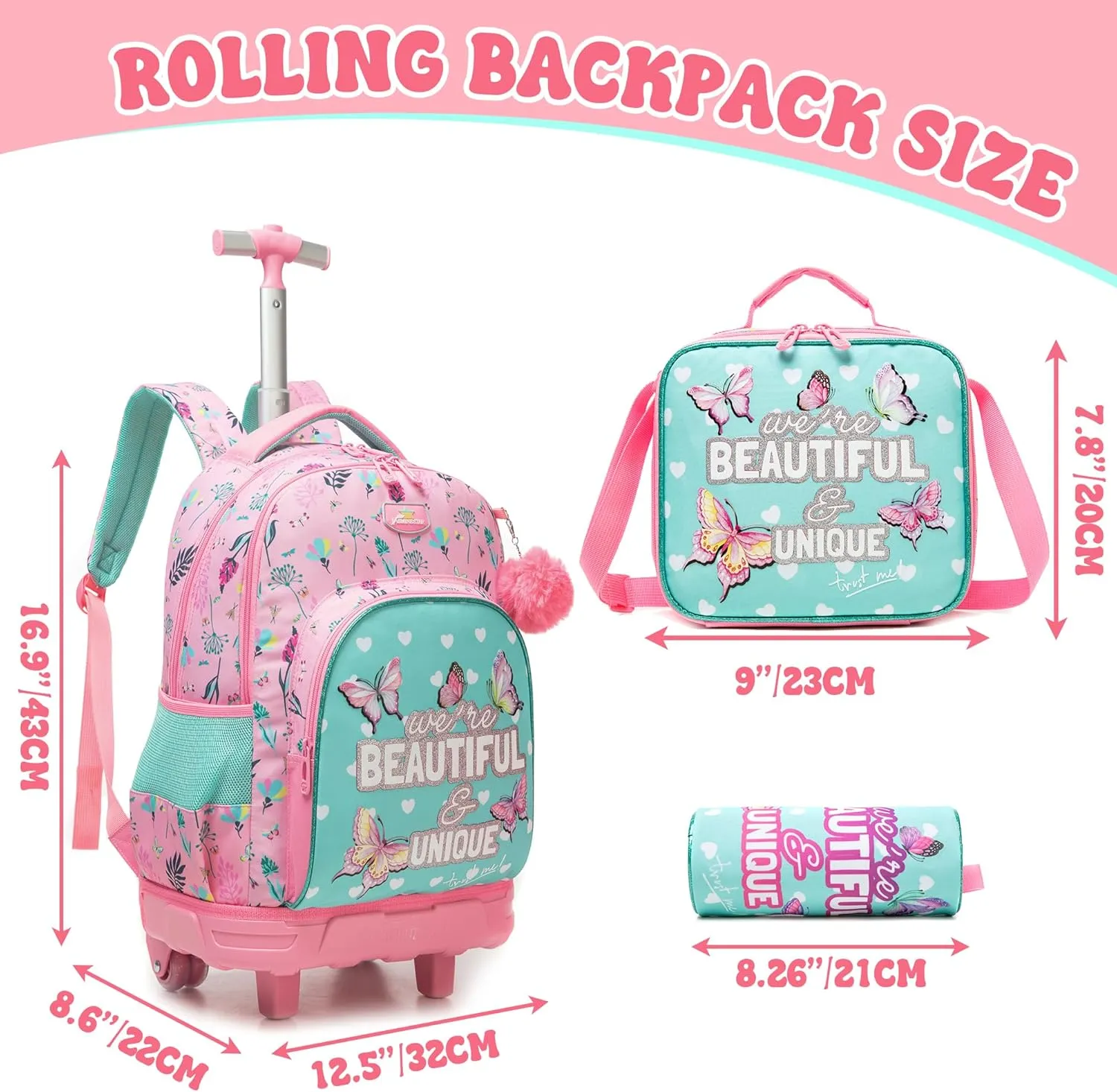 Girls Rolling Backpack for Kids Ages 8-12 Butterfly Wheeled Backpack for Kids Backpacks for Girls with Lunch Bag Back to School Supplies Kit