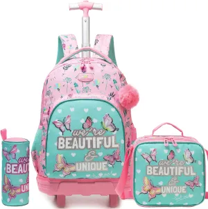 Girls Rolling Backpack for Kids Ages 8-12 Butterfly Wheeled Backpack for Kids Backpacks for Girls with Lunch Bag Back to School Supplies Kit