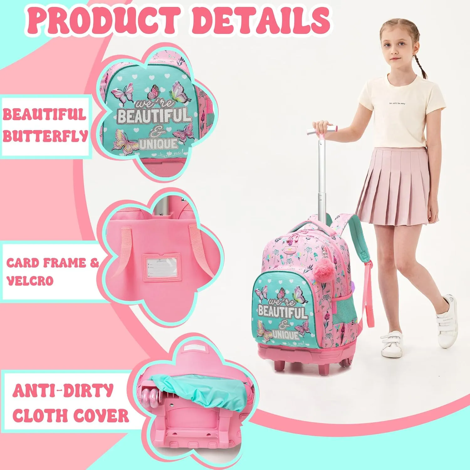 Girls Rolling Backpack for Kids Ages 8-12 Butterfly Wheeled Backpack for Kids Backpacks for Girls with Lunch Bag Back to School Supplies Kit