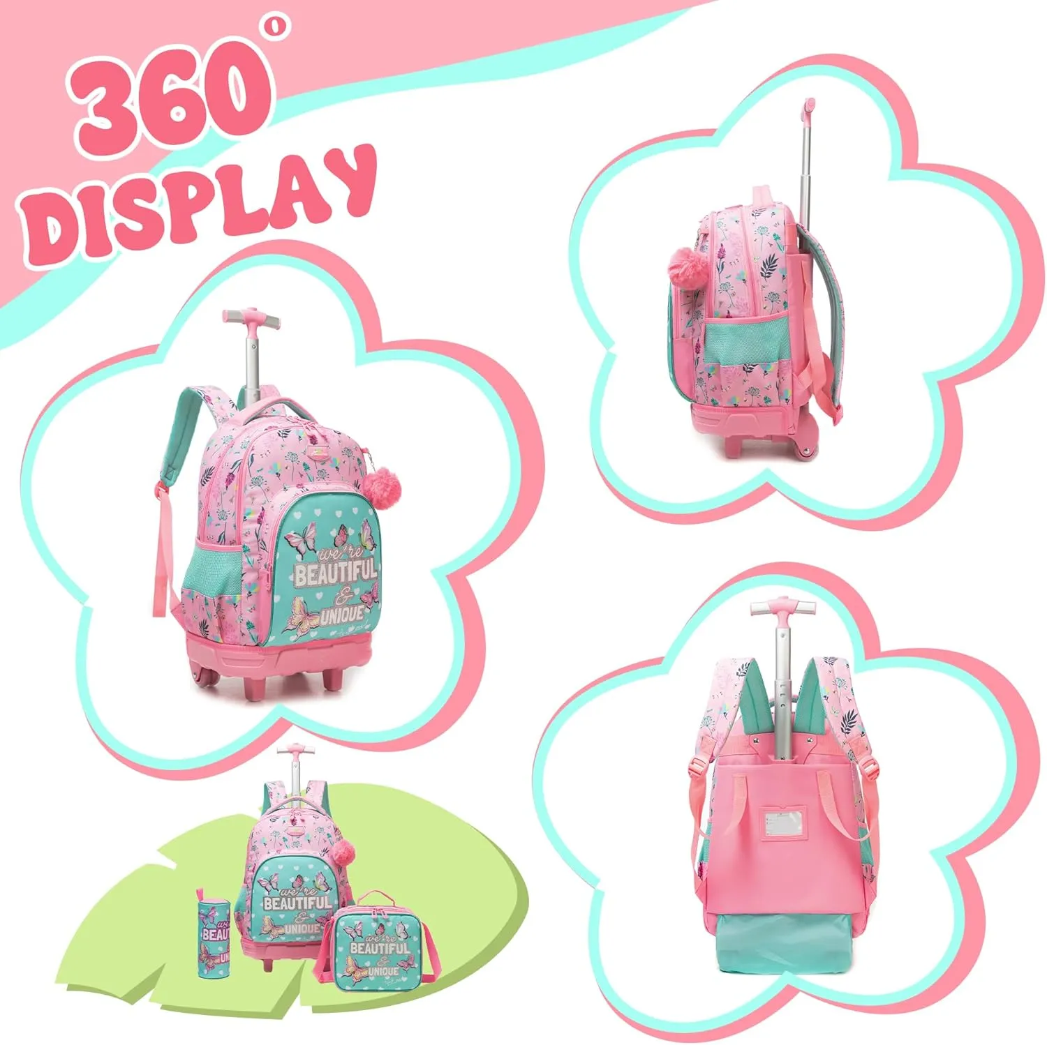 Girls Rolling Backpack for Kids Ages 8-12 Butterfly Wheeled Backpack for Kids Backpacks for Girls with Lunch Bag Back to School Supplies Kit