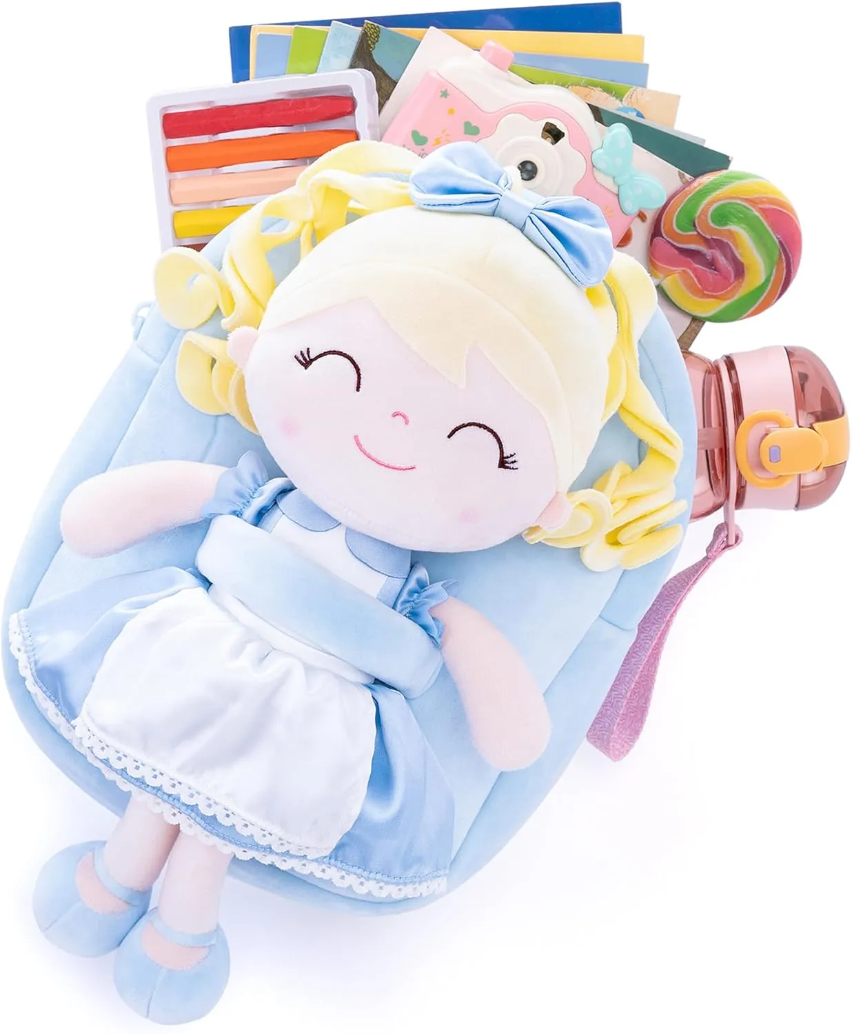 Gloveleya Toddler Backpack for Girls Kids Backpacks Soft Girl Toys Plush Baby Girl Gifts with Plush Princess Alice Doll Blue 9"
