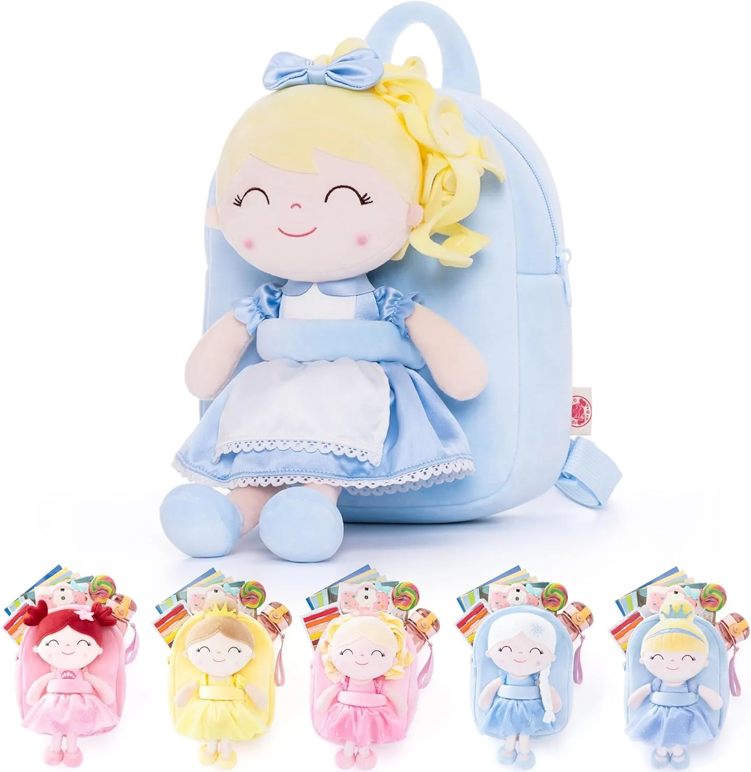 Gloveleya Toddler Backpack for Girls Kids Backpacks Soft Girl Toys Plush Baby Girl Gifts with Plush Princess Alice Doll Blue 9"