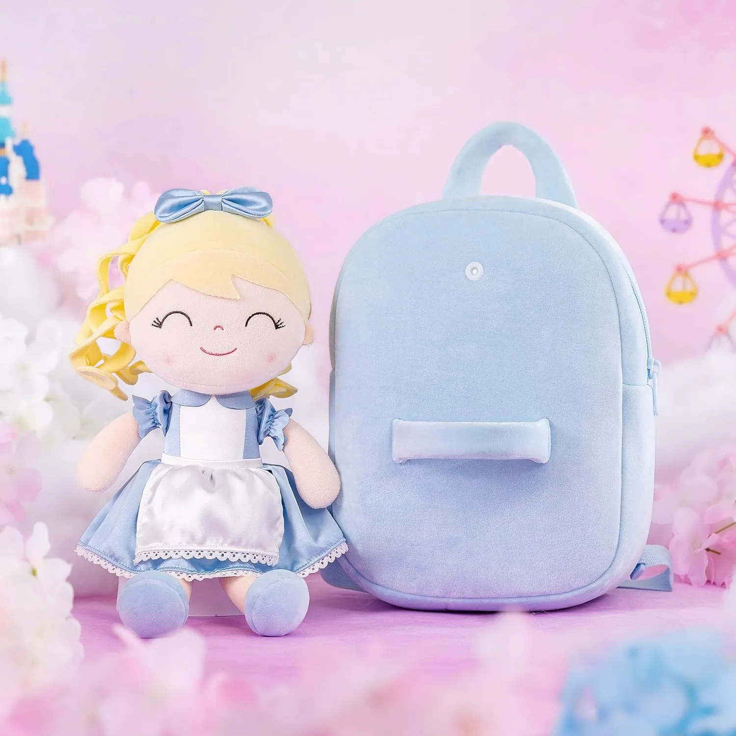 Gloveleya Toddler Backpack for Girls Kids Backpacks Soft Girl Toys Plush Baby Girl Gifts with Plush Princess Alice Doll Blue 9"