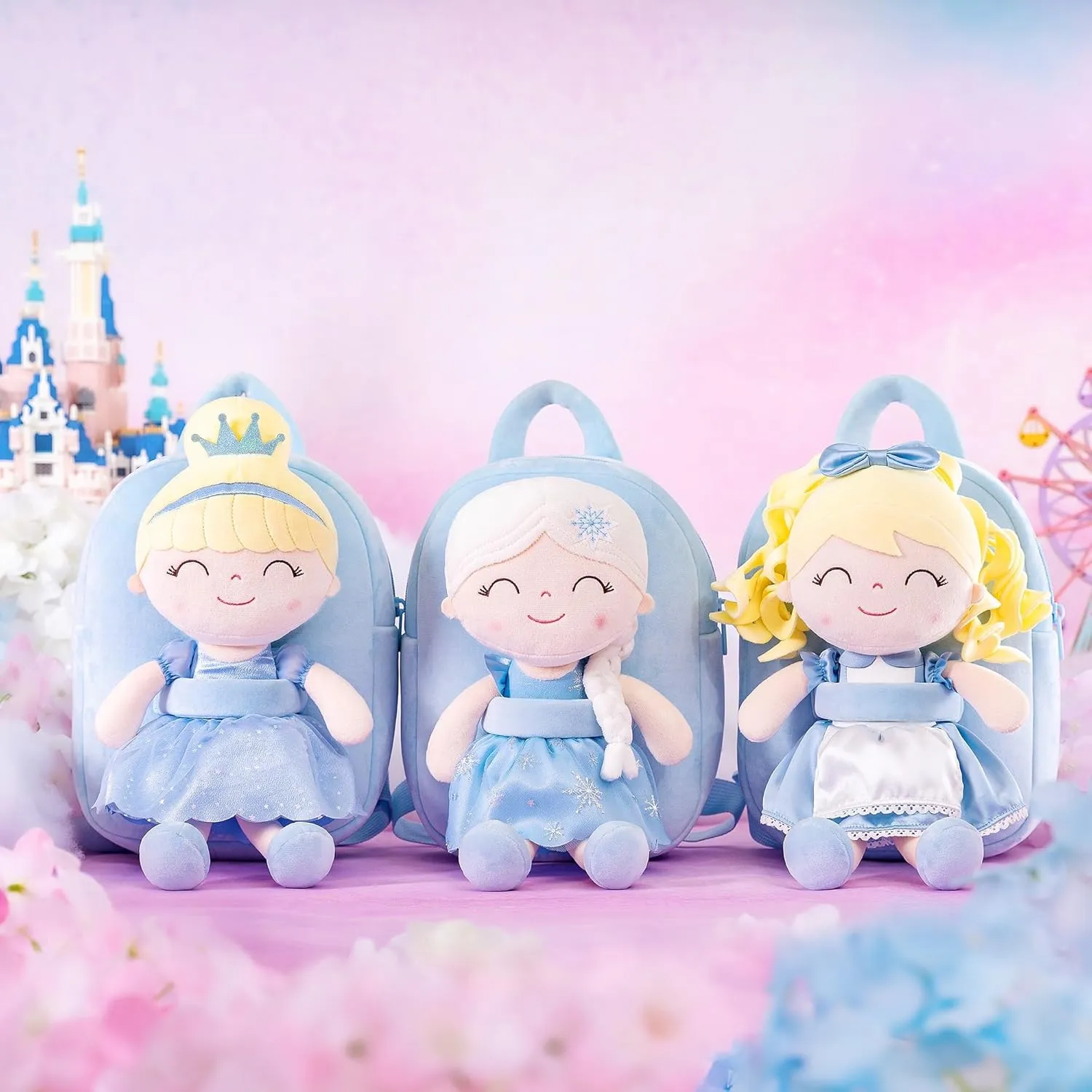 Gloveleya Toddler Backpack for Girls Kids Backpacks Soft Girl Toys Plush Baby Girl Gifts with Plush Princess Alice Doll Blue 9"