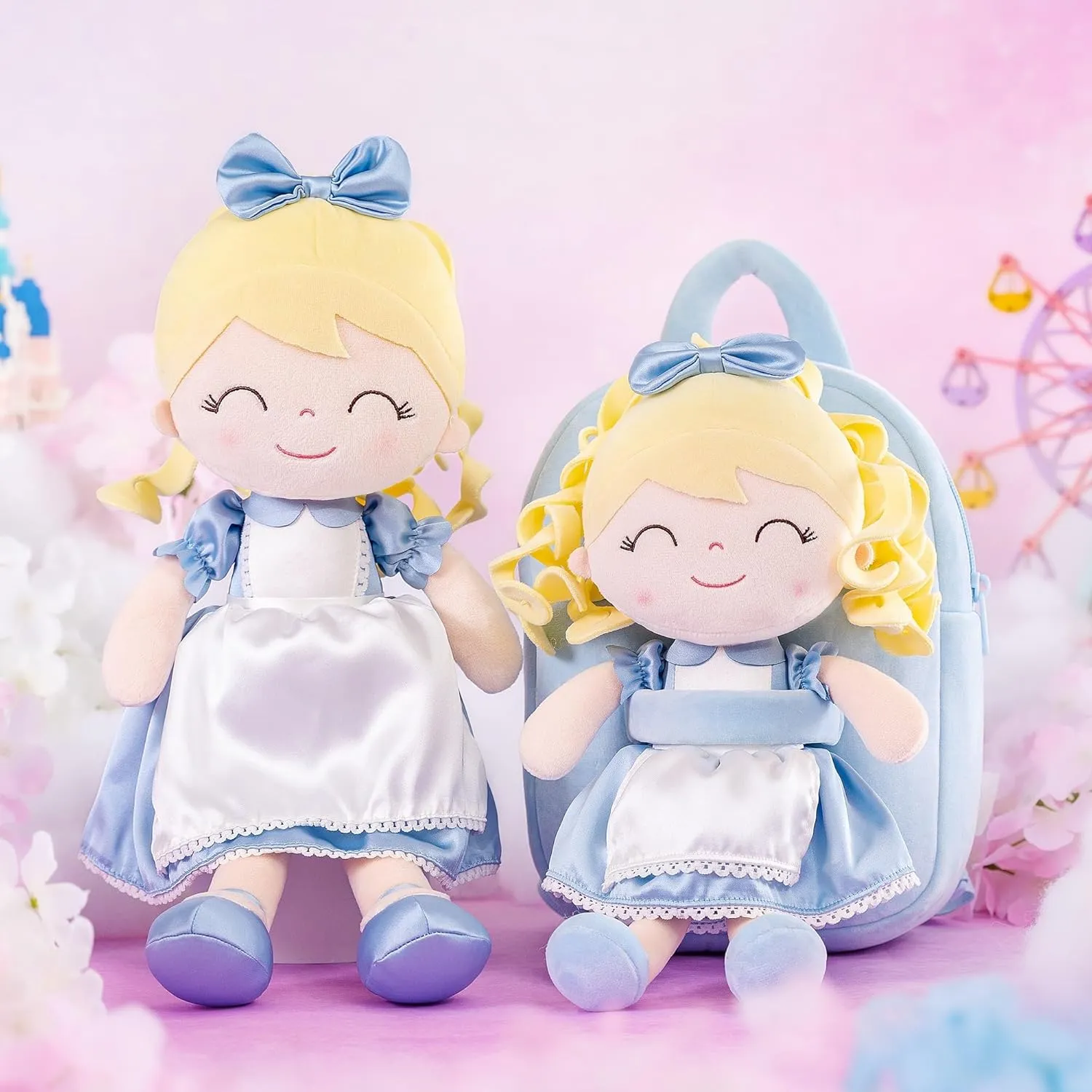 Gloveleya Toddler Backpack for Girls Kids Backpacks Soft Girl Toys Plush Baby Girl Gifts with Plush Princess Alice Doll Blue 9"
