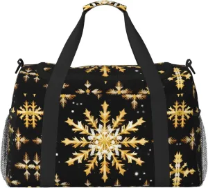 Golden Christmas Snowflake Travel Duffel Bag With Zippers And Handles, Big Foldable Duffle Bag For Family Vacations