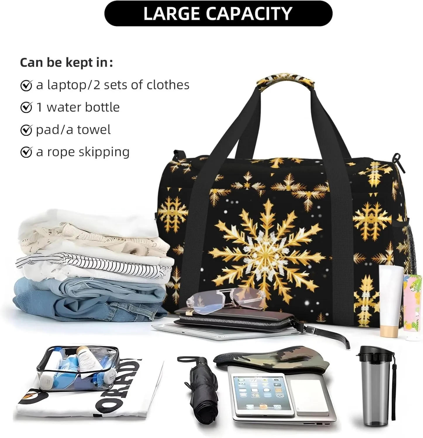 Golden Christmas Snowflake Travel Duffel Bag With Zippers And Handles, Big Foldable Duffle Bag For Family Vacations