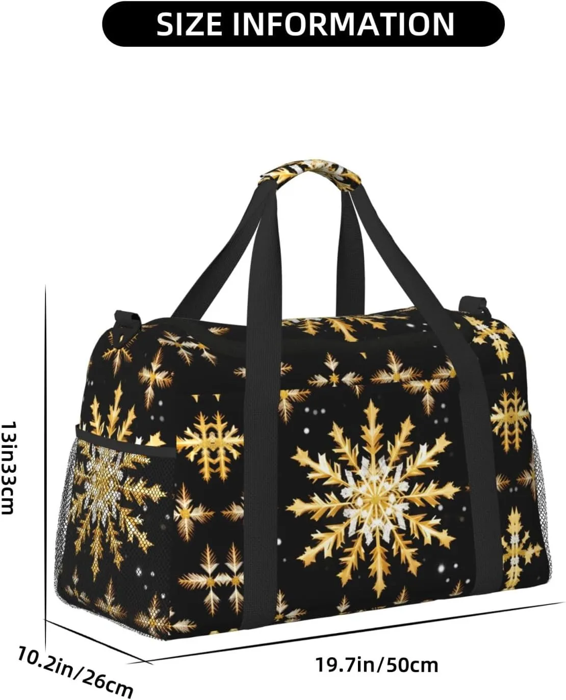 Golden Christmas Snowflake Travel Duffel Bag With Zippers And Handles, Big Foldable Duffle Bag For Family Vacations