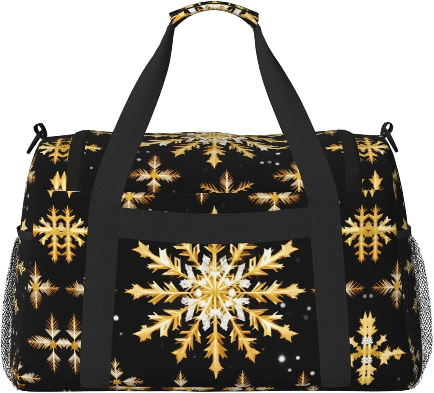 Golden Christmas Snowflake Travel Duffel Bag With Zippers And Handles, Big Foldable Duffle Bag For Family Vacations