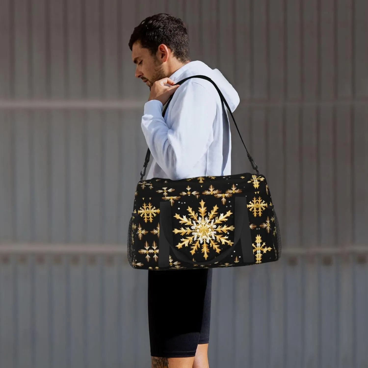 Golden Christmas Snowflake Travel Duffel Bag With Zippers And Handles, Big Foldable Duffle Bag For Family Vacations