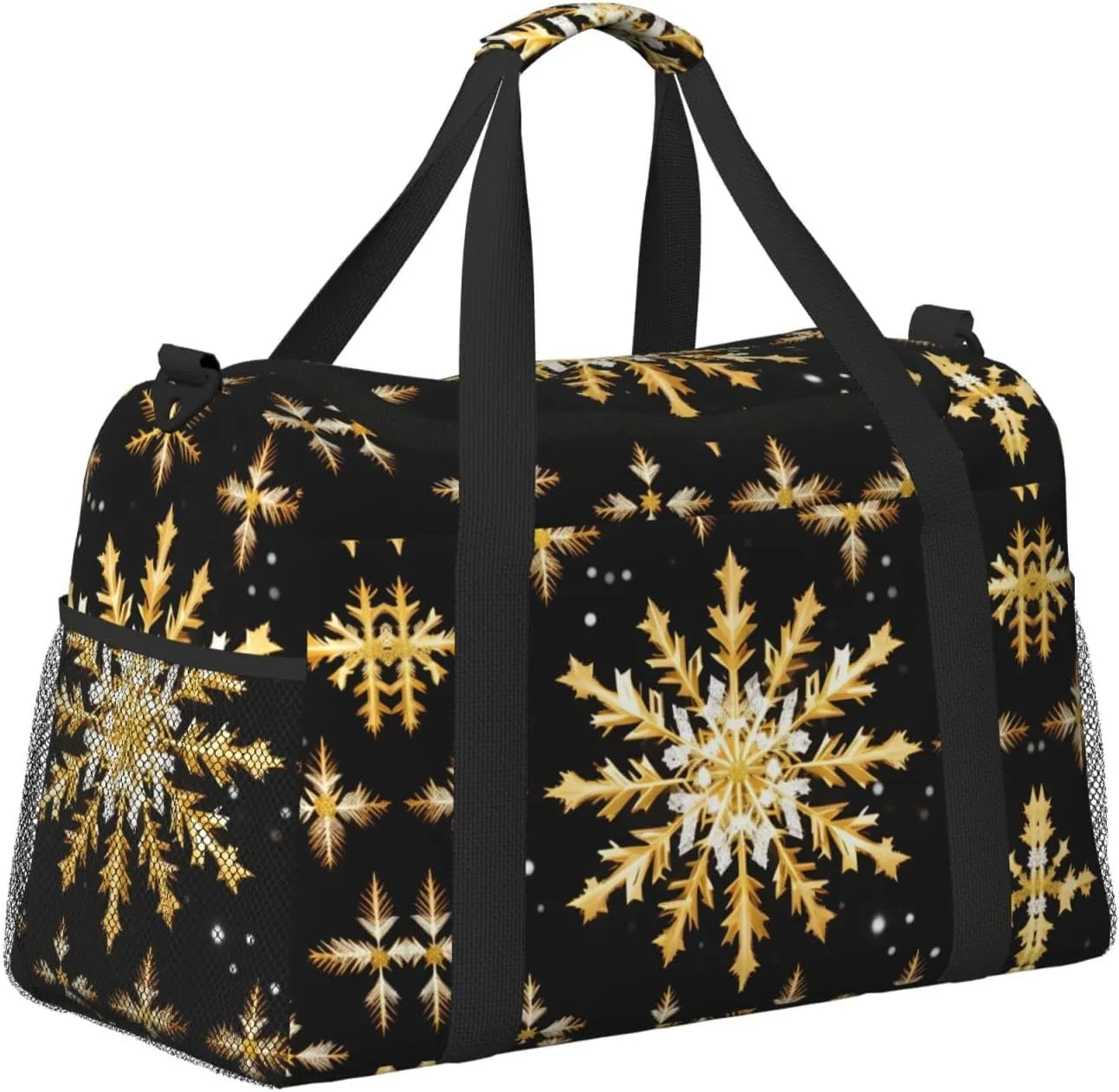 Golden Christmas Snowflake Travel Duffel Bag With Zippers And Handles, Big Foldable Duffle Bag For Family Vacations