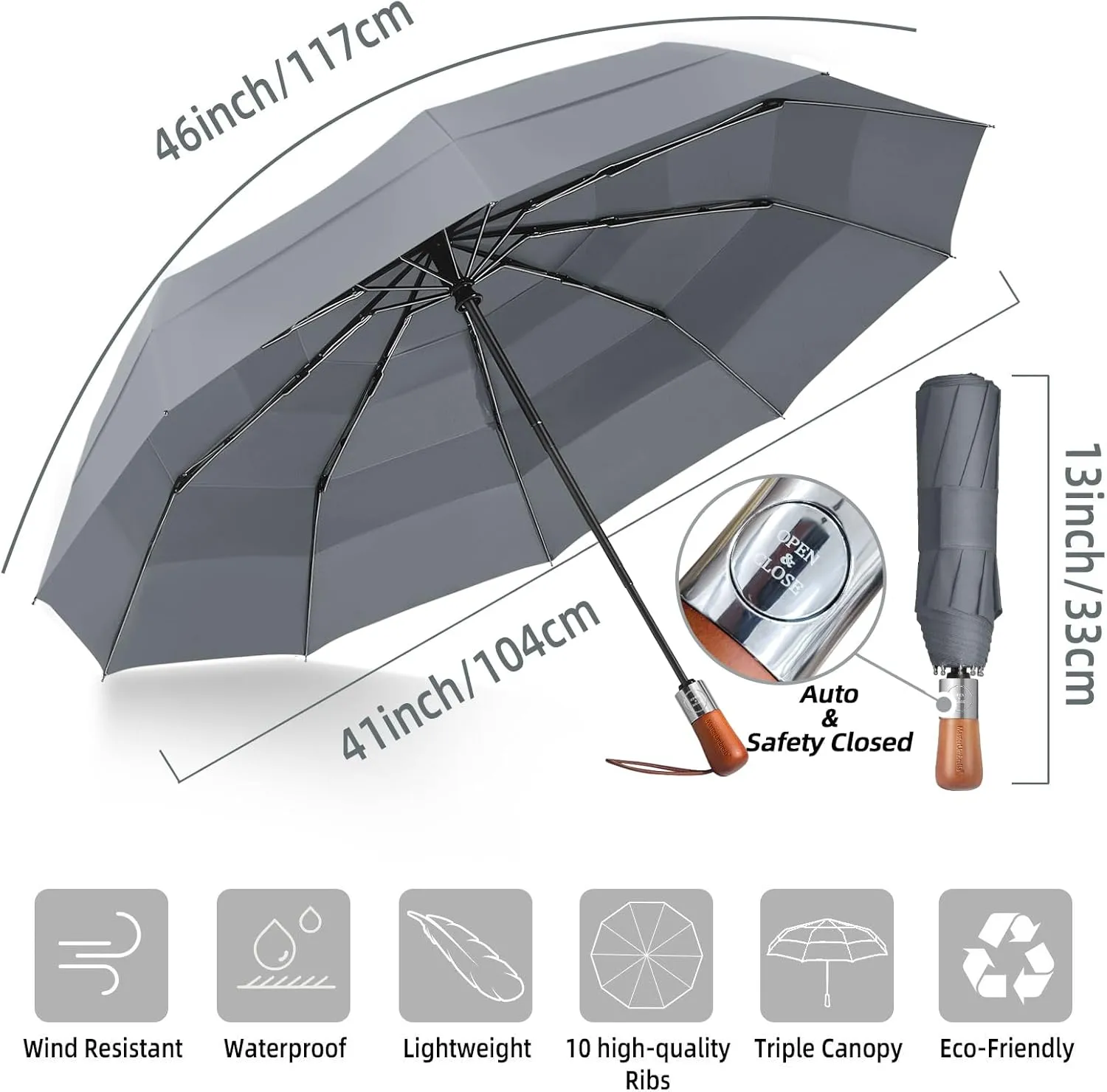 Golf Umbrella Windproof - Triple Canopy Umbrellas for Rain & Wind, Automatic Open/Close, Compact & Portable with 10 Reinforced Fiberglass Ribs