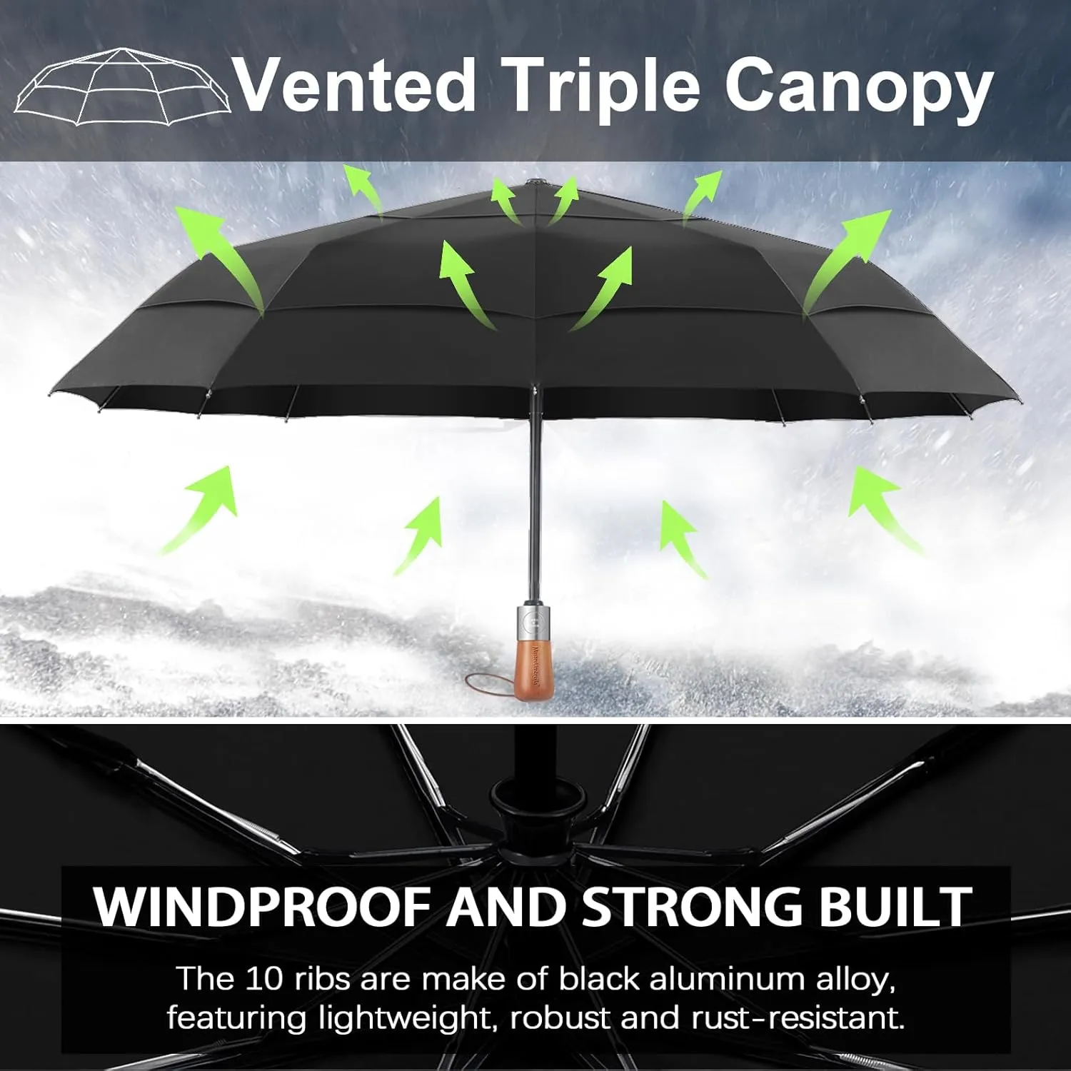 Golf Umbrella Windproof - Triple Canopy Umbrellas for Rain & Wind, Automatic Open/Close, Compact & Portable with 10 Reinforced Fiberglass Ribs