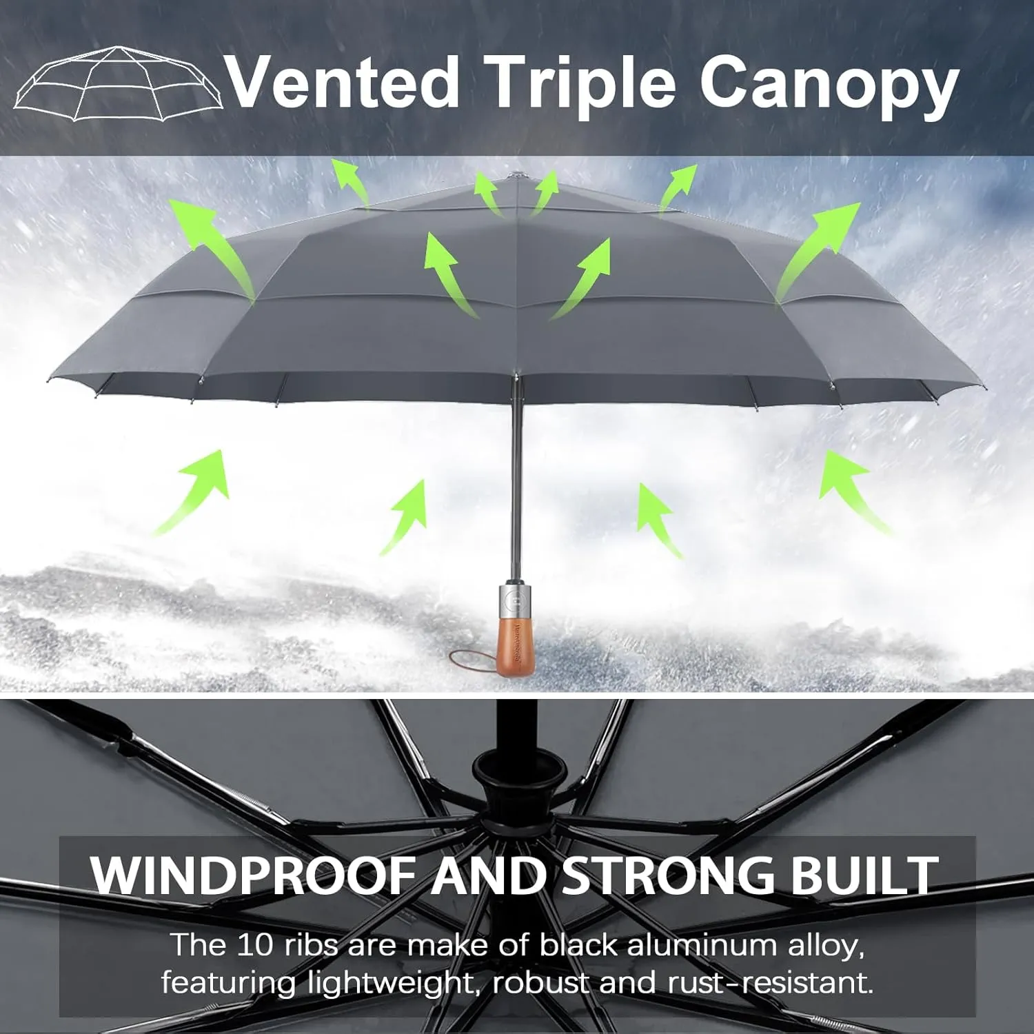 Golf Umbrella Windproof - Triple Canopy Umbrellas for Rain & Wind, Automatic Open/Close, Compact & Portable with 10 Reinforced Fiberglass Ribs