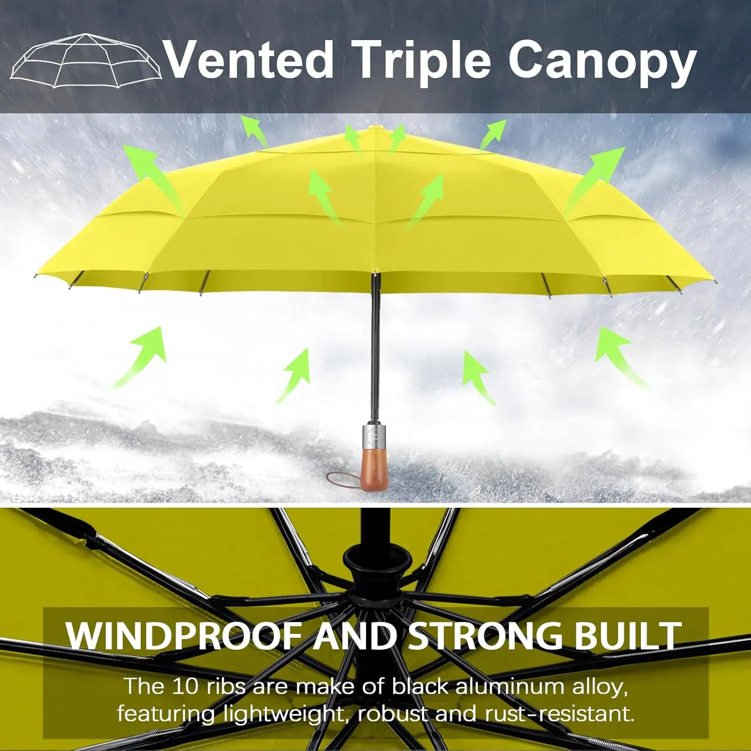 Golf Umbrella Windproof - Triple Canopy Umbrellas for Rain & Wind, Automatic Open/Close, Compact & Portable with 10 Reinforced Fiberglass Ribs
