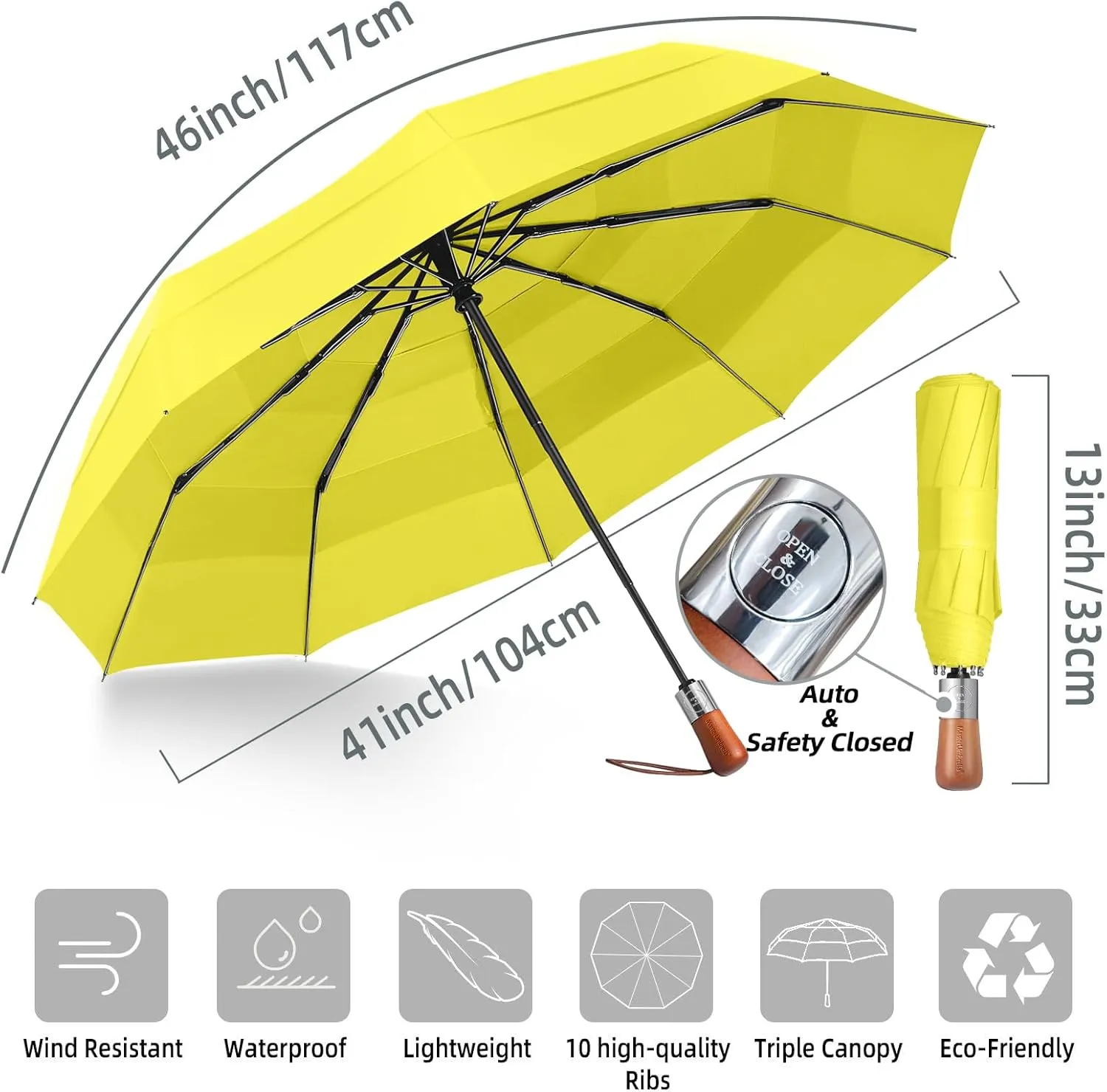 Golf Umbrella Windproof - Triple Canopy Umbrellas for Rain & Wind, Automatic Open/Close, Compact & Portable with 10 Reinforced Fiberglass Ribs