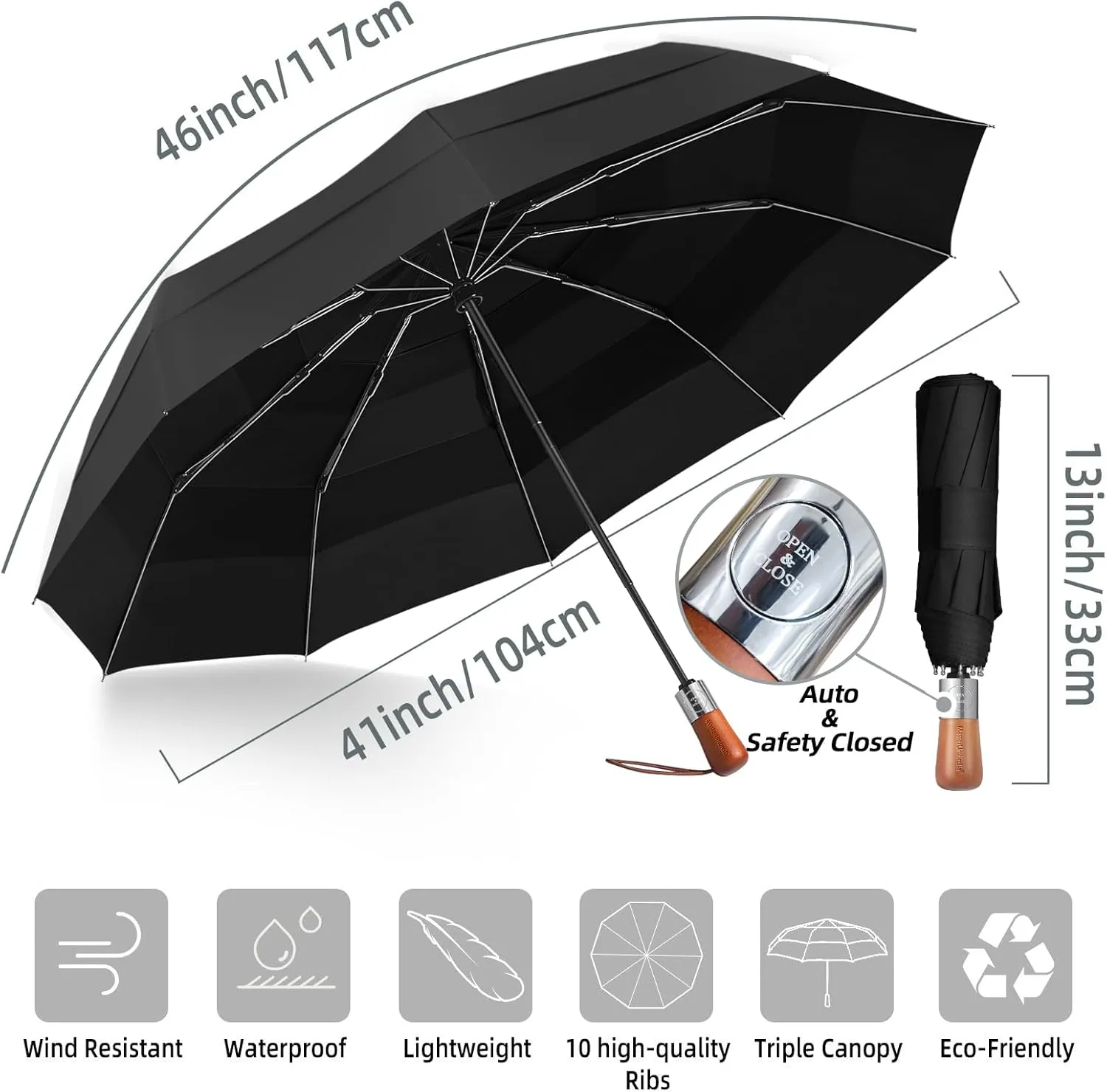 Golf Umbrella Windproof - Triple Canopy Umbrellas for Rain & Wind, Automatic Open/Close, Compact & Portable with 10 Reinforced Fiberglass Ribs