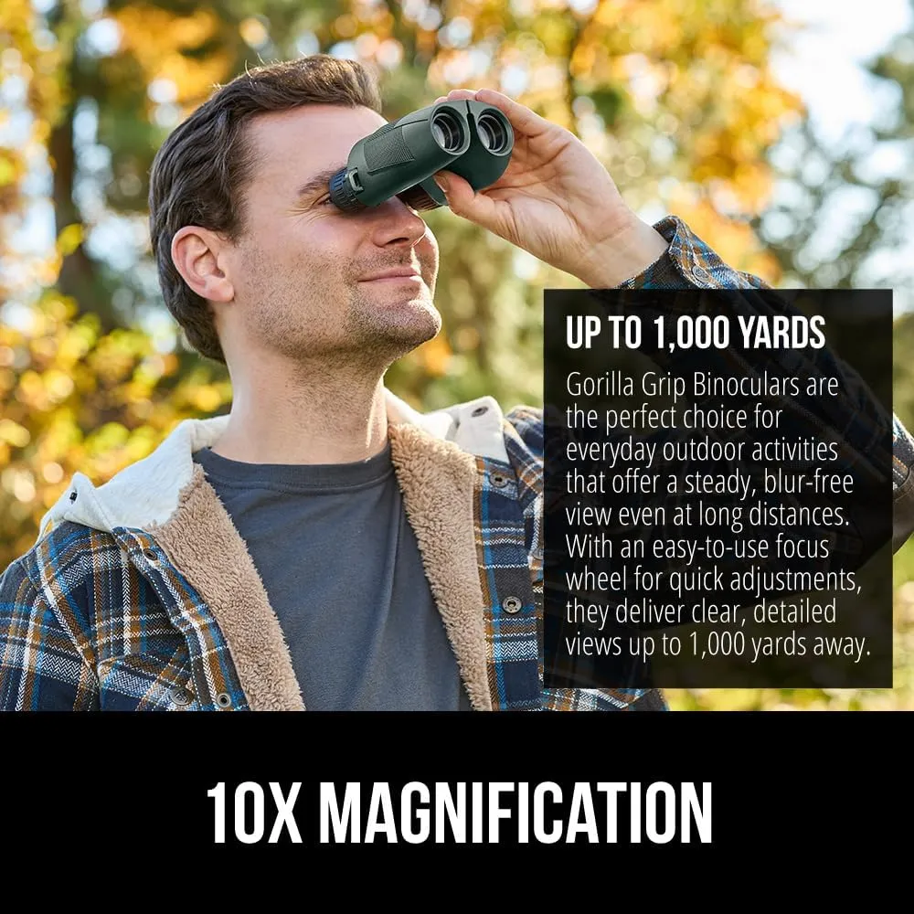 GORILLA GRIP 10x25 Compact Binoculars for Adults with Strap, Superior High Powered Clear 10X Magnification, Lightweight, Bird Watching, Hunting, Stargazing, Adjustable Eye Cups, Green