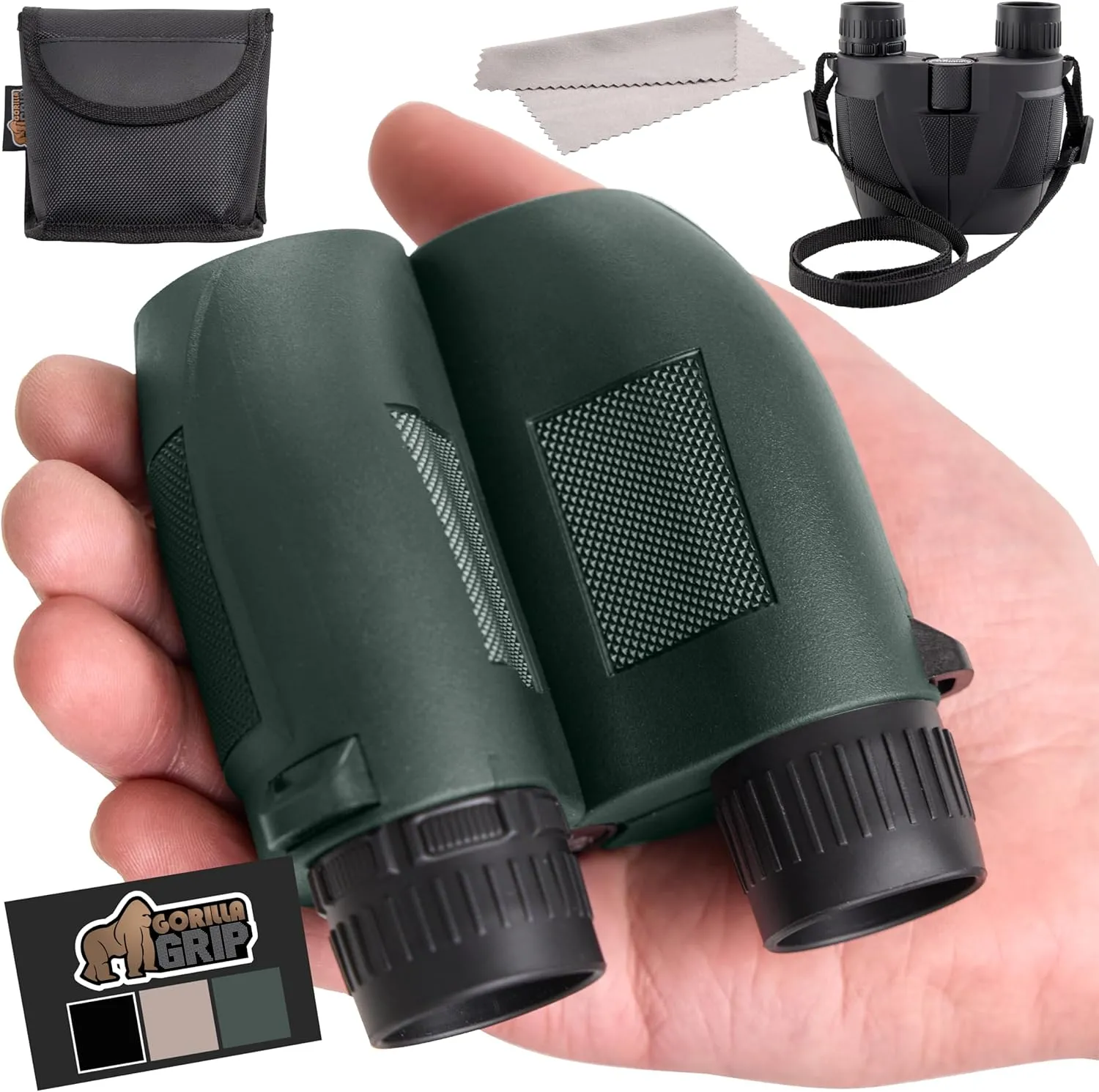 GORILLA GRIP 10x25 Compact Binoculars for Adults with Strap, Superior High Powered Clear 10X Magnification, Lightweight, Bird Watching, Hunting, Stargazing, Adjustable Eye Cups, Green